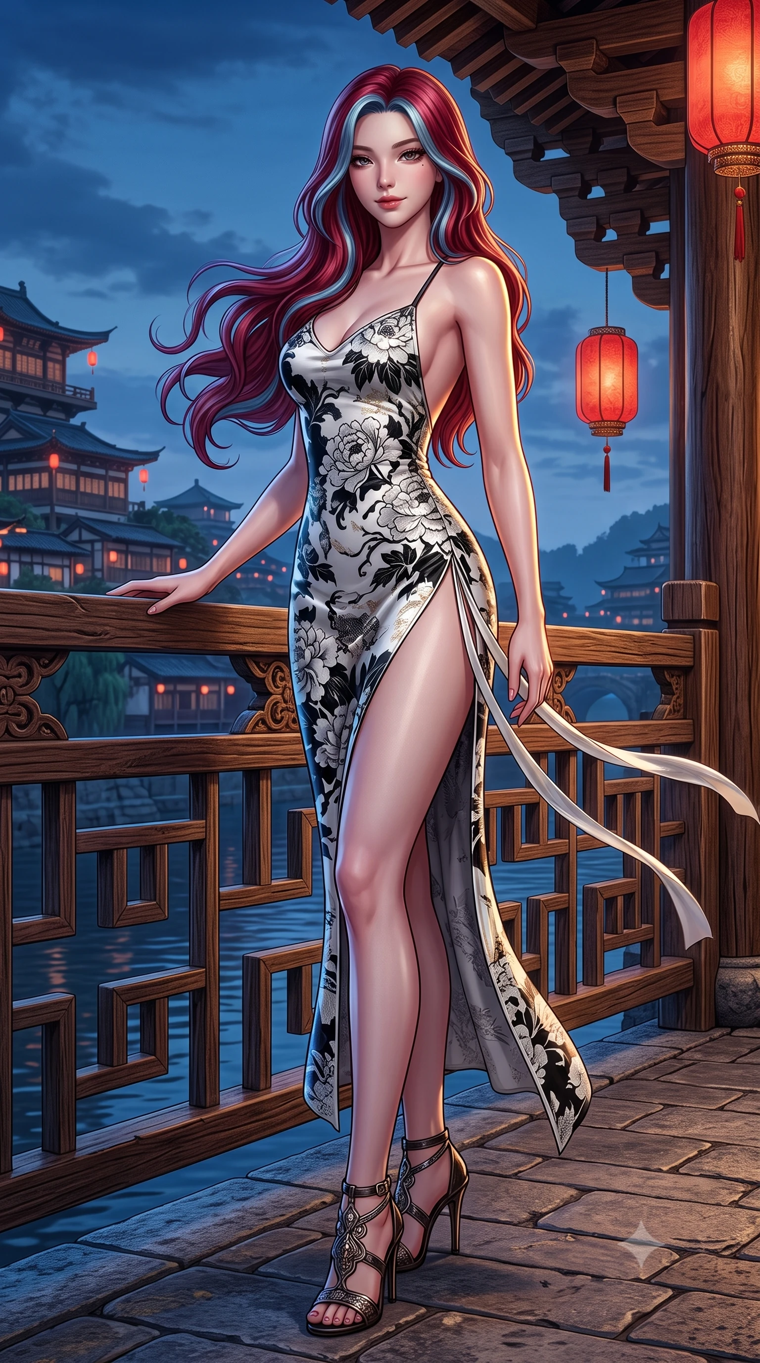 score_9, masterpiece, best quality, ultra-detailed, high-budget anime keyframe, semi-realistic 3D game render, editorial fashion photography, tasteful artistic composition, Caucasian woman. low angle full-body shot from head to toe showing her feet, filling the entire 9:16 vertical frame with her statuesque presence, stretching her vertical silhouette. standing in a tall, confident posture with one hand on the carved palace railing, stretching her statuesque body as she arches her lower back to emphasize her sculpted feminine hips and slender waist while lounging in a private tea lounge booth with legs crossed, her high-slit silk dress commanding the futuristic Spirited-Away-style cliffside view. The surrounding environment is rendered in vivid detail and crisp panoramic clarity: sharp carved timber bracket joinery, red lantern silk texture, and weathered wooden balustrade grain in deep focus. She has an absolutely perfect, statuesque 8.5-heads proportion, an exceptionally tall and slender model-like female figure with impossibly long slender legs, an ultra-slim waist, a flat toned midriff, narrow delicate ribcage, and beautifully sculpted feminine hips creating a graceful, slim hourglass silhouette without any bulky heaviness. sharp v-shaped jawline, high-bridge nose, intricate jewel-like dark sparkling almond eyes with depth, thick lashes, glossy parted lips with a natural rose-plum sheen, bright alluring and coquettish smile with bedroom-eyes, exuding both timeless oriental elegance and sovereign high-fashion allure, flawlessly proportioned anatomical accuracy, strict slender model proportions, natural body alignment, perfectly sculpted long slender limbs, ultra-slim waistline, clean dynamic posture without body distortion. wearing a backless crimson silk slip dress with oriental peony jacquard and a side hip slit ascending to the high waist in stark monochrome black and white ink contrast, woven from metallic gold and silver thread casting subtle starlight glints, accented with flowing gossamer silk ribbons that flutter dynamically in the evening breeze, the liquid-tight tailored silk fabric clinging flawlessly to her narrow waist and rounded feminine hips, emphasizing every millimeter of her sculpted slim hourglass curves without any bulky heaviness. illuminated by dark river surface reflection bounce and sharp gold rim lighting sculpting her razor-sharp jawline, narrow waist, and curvy hips. highly saturated vibrant anime colors, detailed shading with soft gradients, rich glossy textures, high-contrast stereoscopic depth, volumetric dynamic lighting, master piece, 9:16 ratio