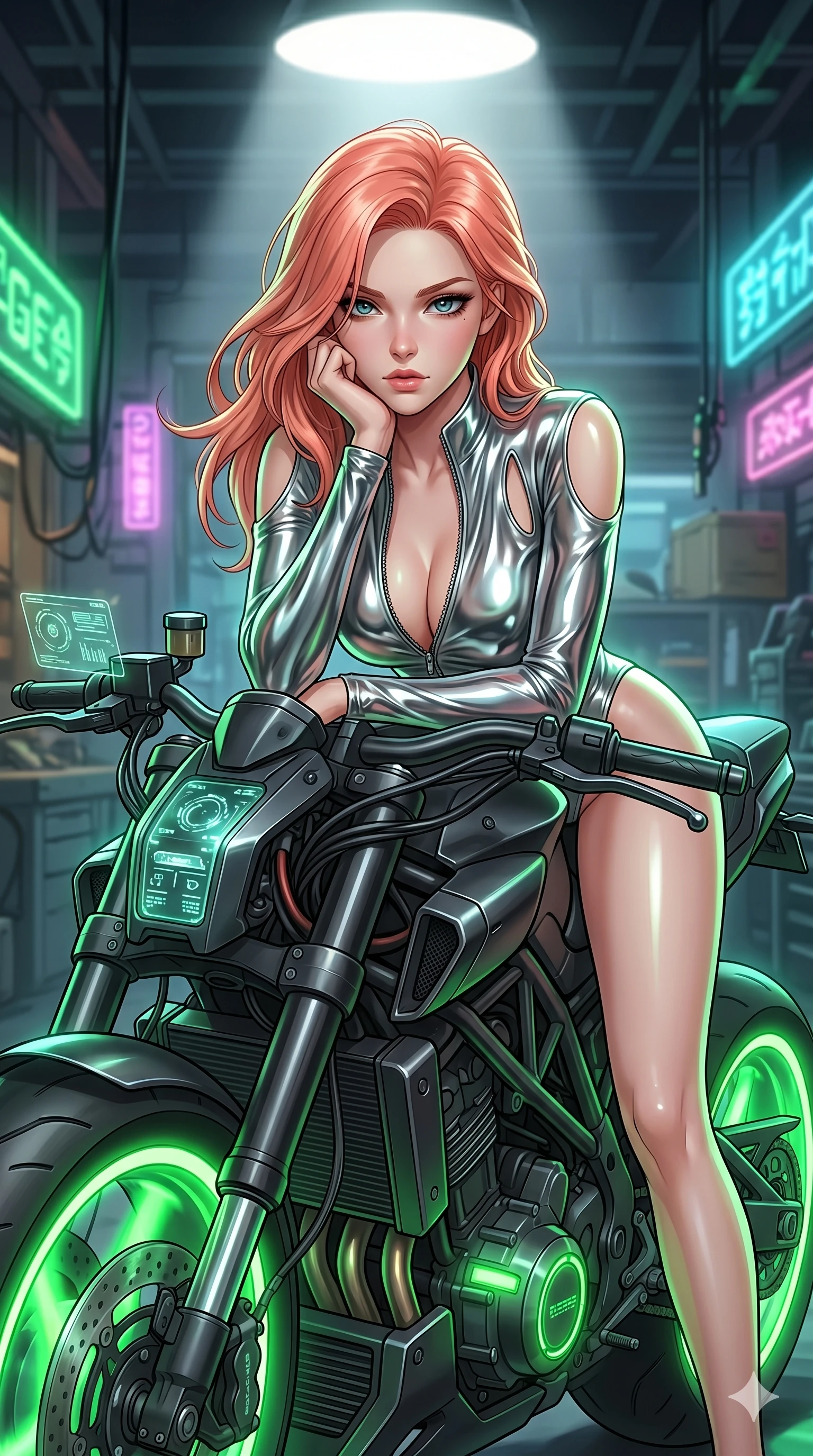 score_9, masterpiece, best quality, ultra-detailed, high-budget anime keyframe, Japanese woman. Upper body close-up from the thighs up, character filling the screen for maximum presence. She is leaning over a sleek, glowing holographic cyberpunk motorcycle. She rests her chin on the handlebars, looking directly at the camera with an intense, sultry gaze. She has an absolutely perfect 8-heads proportion, an exceptionally tall and slender female figure with impossibly long slender legs and an ultra-slim waist. V-shaped jawline, high-bridge nose, intricate jewel-like eyes with depth, thick eyelashes, glossy lips with a natural sheen. She is wearing a form-fitting top made of molten liquid-mercury fabric that clings to her curves, with strategic tear-drop shoulder cutouts and a dangerously unzipped front collar. The scene is lit by the neon green wheels of the bike and a bright overhead studio spotlight. 2k, ultra detail, master piece, 9:16 ratio