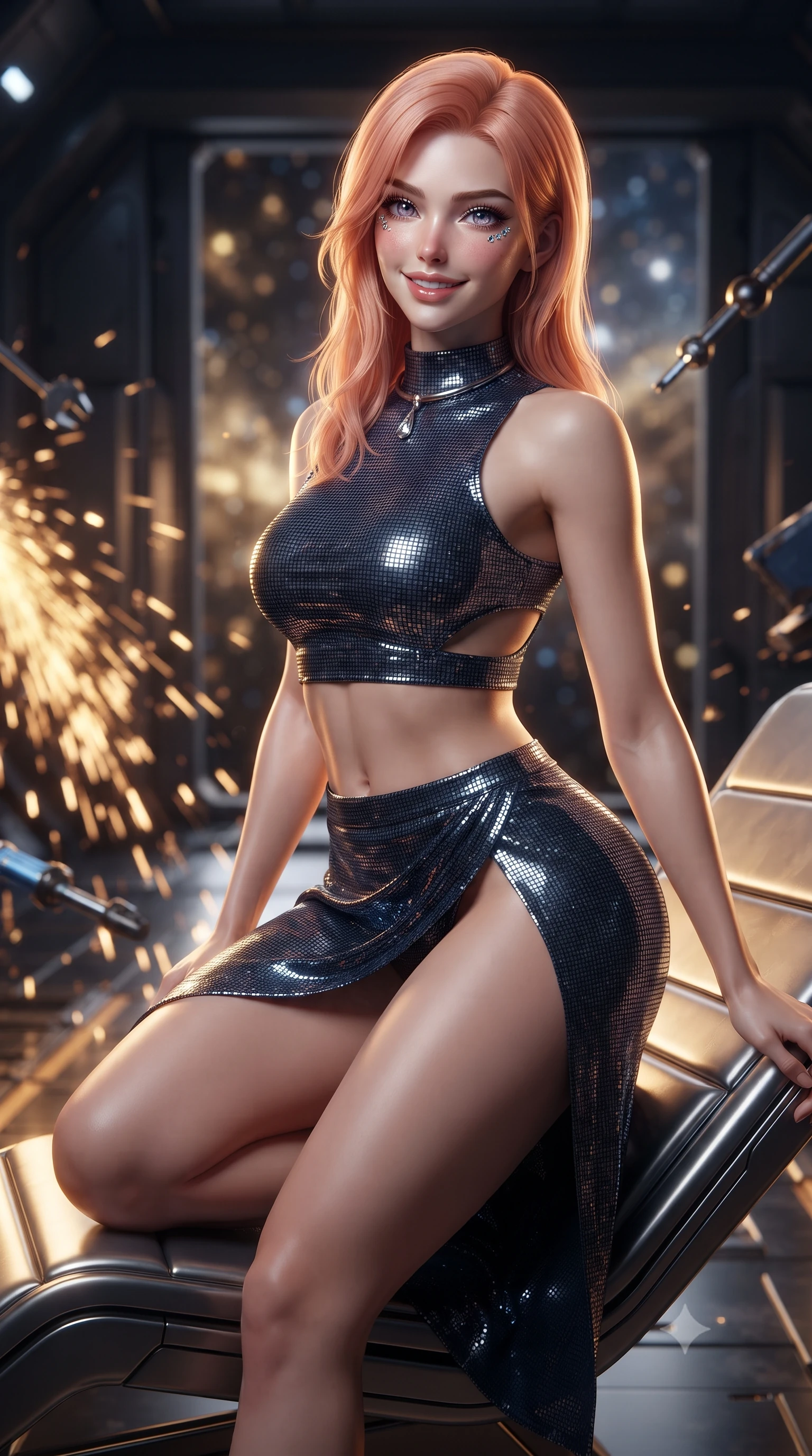 score_9, masterpiece, best quality, ultra-detailed, high-budget anime keyframe, editorial fashion photography, tasteful artistic composition, Japanese woman. close-up cowboy shot from the waist and thighs up, the character dominates the composition, filling the frame with her large presence. perched sideways on the lounge seat, one knee drawn up to showcase her slender leg line while her arched back accentuates her feminine hip curve while standing poised on the magnetic catwalk in the zero-gravity starship drydock, arching her back with siren allure as robotic welding arms shower bright golden sparks over massive hull armor plates. The background shows a soft-focus cascades of golden welding sparks bouncing off dark starship armor, floating zero-g tools, and open hangar doors revealing distant star nebulae blurred into gold, copper, and sapphire bokeh. She has an exceptionally elegant, slender, and willowy female figure with an ultra-slim waist, flat toned midriff, narrow ribcage, and sculpted feminine hips creating an alluring, slim hourglass silhouette without bulk. sharp v-shaped jawline, high-bridge nose, intricate jewel-like sparkling eyes with depth, thick eyelashes, glossy parted lips with a natural peach sheen, bright cheerful beaming smile with an enchanting and coquettish sensual glint, exuding both youthful cute charm and seductive allure, flawlessly proportioned anatomical accuracy, strict slender model proportions, natural body alignment, perfectly sculpted long slender limbs, ultra-slim waistline, clean dynamic posture without body distortion. wearing an alluring tactical crop top with asymmetrical side-rib cutouts and high-neck collar paired with a high-slit wrap skirt in midnight carbon navy and polished chrome, crafted from stretch micro-mesh with liquid foil coating that shimmers with every movement, finished with a minimalist chrome choker and a single teardrop diamond pendant, the impeccably tailored cut draping gracefully along her slender figure with aristocratic poise. illuminated by dark hull reflection bounce and sharp molten-gold rim lights sculpting her razor-sharp jawline, narrow waist, and curvy hips. ultra-reflective glossy finish, specular highlights, rich textural contrasts, high-contrast stereoscopic depth, volumetric dynamic lighting, 2k, ultra detail, master piece, 9:16 ratio