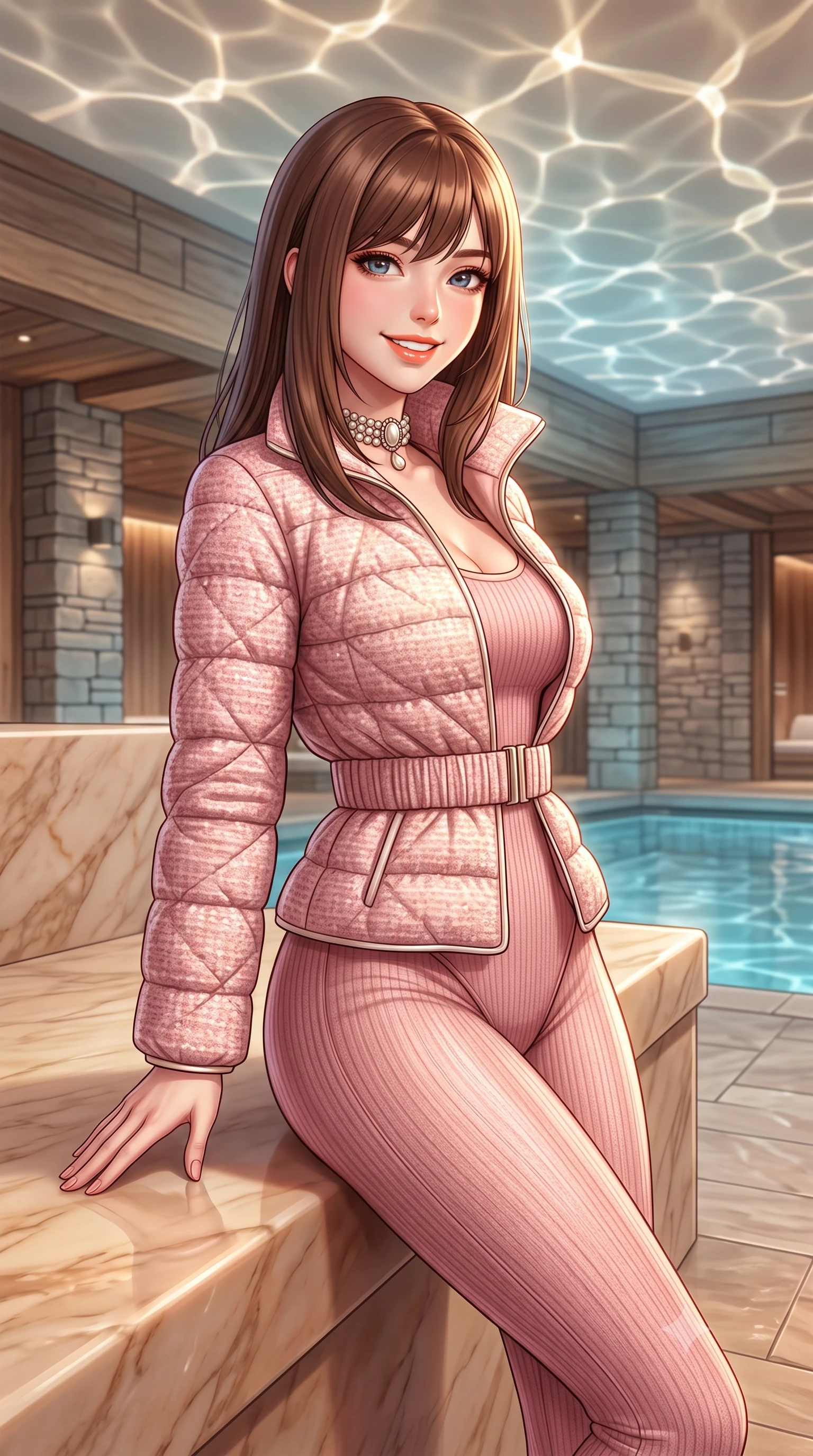 score_9, masterpiece, best quality, ultra-detailed, high-budget anime keyframe, semi-realistic 3D game render, editorial fashion photography, tasteful artistic composition, Korean woman. close-up cowboy shot from the waist and thighs up, the character dominates the composition, filling the frame with her large presence. turning in an alluring three-quarter profile with head tilted, her glossy parted lips and jewel-like eyes catching the warm light while leaning against a smooth heated marble bench, resting one hand on the warm stone with effortless wellness-model grace. The surrounding environment is rendered in vivid detail and crisp panoramic clarity: detailed belted cashmere robe coat tailoring, silk piping borders, and master Swiss spa architecture in razor-sharp precision. She has an exceptionally elegant, slender, and willowy female figure with an ultra-slim waist, flat toned midriff, narrow ribcage, and sculpted feminine hips creating an alluring, slim hourglass silhouette without bulk. sharp v-shaped jawline, high-bridge nose, intricate jewel-like sparkling eyes with depth, thick eyelashes, glossy parted lips with a natural peach sheen, bright cheerful beaming smile with an enchanting and coquettish sensual glint, exuding both youthful cute charm and seductive allure, flawlessly proportioned anatomical accuracy, strict slender model proportions, natural body alignment, perfectly sculpted long slender limbs, ultra-slim waistline, clean dynamic posture without body distortion. wearing a tailored quilted down jacket with a deeply cinched elastic belt worn over an ultra-tight thermal rib-knit bodysuit and leggings in Parisian pastel rose bouclé and cream pearl, woven from fine elastic rib-knit fabric tracing every millimeter of her slender torso, complemented by an antique baroque pearl choker accentuating her delicate neck and collarbones, the second-skin tailored fabric adhering flawlessly to her sculpted flat midriff and slender torso, emphasizing her long leg lines and perfectly proportioned willowy build. illuminated by thermal pool surface caustics and soft pearlescent rim lights accentuating her sharp jawline and slender hourglass silhouette. highly saturated vibrant anime colors, detailed shading with soft gradients, rich glossy textures, high-contrast stereoscopic depth, volumetric dynamic lighting, master piece, 9:16 ratio