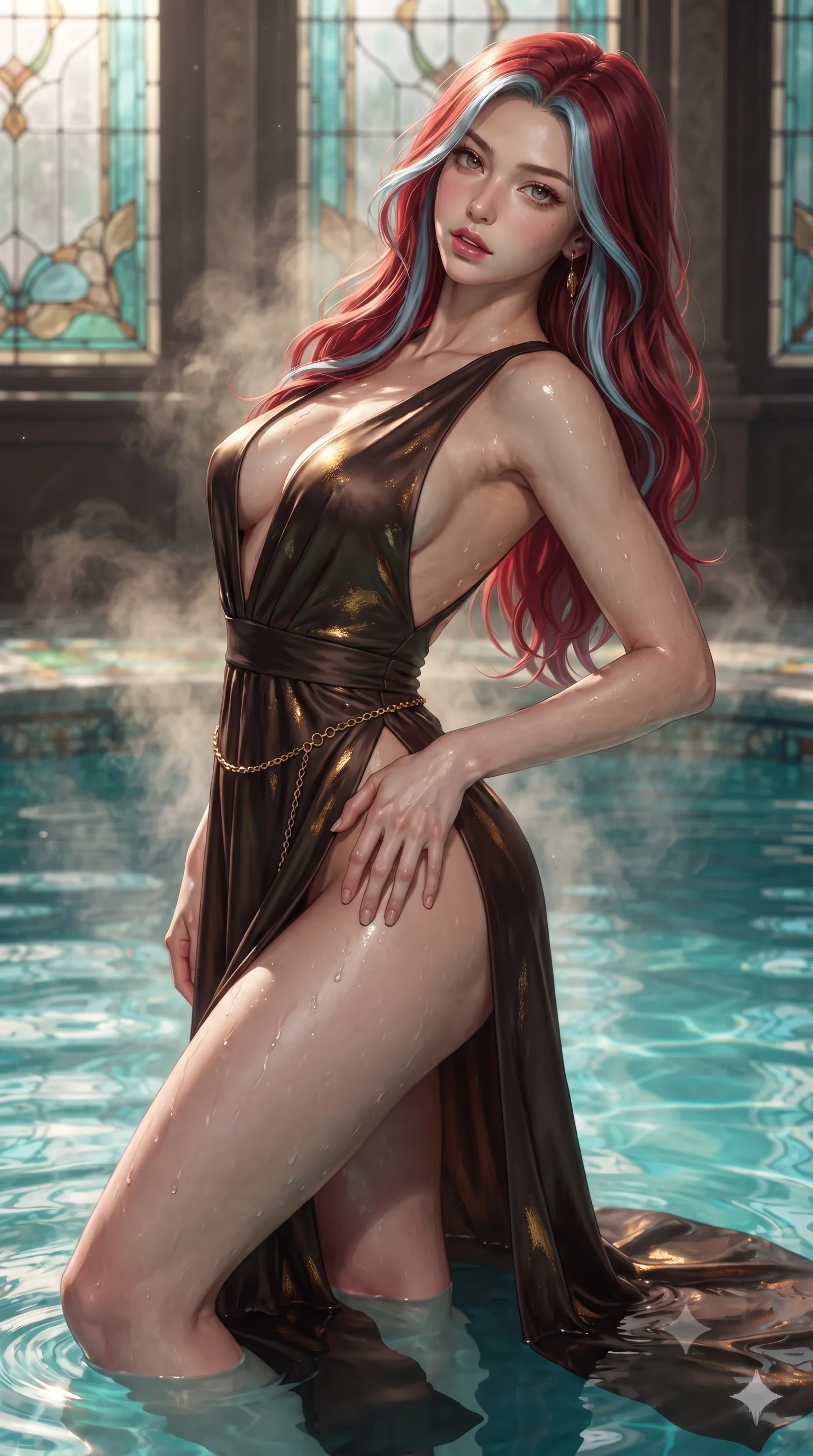 score_9, masterpiece, best quality, ultra-detailed, high-budget anime keyframe, editorial fashion photography, tasteful artistic composition, Caucasian woman. close-up cowboy shot from the waist and thighs up, the character dominates the composition, filling the frame with her large presence. arching her spine backward with effortless dancer poise, one hand sliding along her hip line as directional light carves specular highlights along her silhouette while wading through the steaming turquoise mineral water, arching her spine in pure pleasure as warm steam caresses her slender waist. The surrounding environment is rendered in vivid detail and crisp panoramic clarity. detailed mineral pool ripple caustics, wet fabric sheen, and stained-glass lead lines in high clarity. She has an exceptionally elegant, slender, and willowy female figure with an ultra-slim waist, flat toned midriff, narrow ribcage, and sculpted feminine hips creating an alluring, slim hourglass silhouette without bulk. sharp v-shaped jawline, high-bridge nose, intricate jewel-like eyes with depth, thick eyelashes, glossy parted lips with a natural sheen, intensely captivating and seductive bedroom-eyes expression, flawlessly proportioned anatomical accuracy, strict slender model proportions, natural body alignment, perfectly sculpted long slender limbs, ultra-slim waistline, clean dynamic posture without body distortion. wearing a plunging-V neckline duchess satin gown with high side slits ascending to the high hip in dark espresso brown and molten gold foil, tailored from water-resistant treated wool gabardine and flexible stretch silk, accented with a delicate gold chain belt resting loosely on her curvy hips, the precision-cut side openings and low-back scoop framing her graceful spine and the sensual sweep of her slim, toned hips. illuminated by wet specular highlights accentuating her slender neckline, sculpted waist, and rounded hips. ultra-reflective glossy finish, specular highlights, rich textural contrasts, high-contrast stereoscopic depth, volumetric dynamic lighting, 2k, ultra detail, master piece, 9:16 ratio