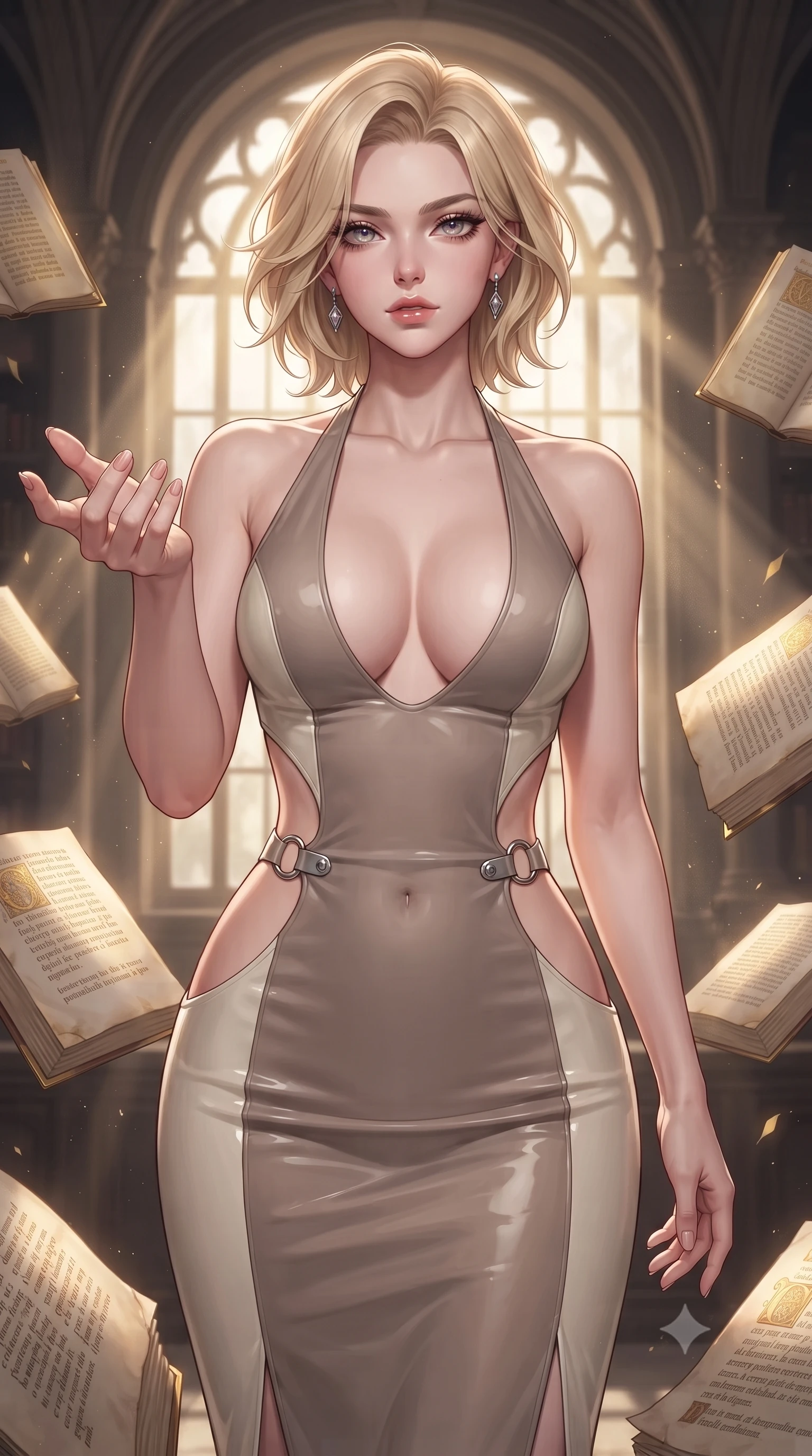 score_9, masterpiece, best quality, ultra-detailed, high-budget anime keyframe, editorial fashion photography, tasteful artistic composition, Caucasian woman. close-up cowboy shot from the waist and thighs up, the character dominates the composition, filling the frame with her large presence, background elements kept in soft focus. Reaching one hand gracefully toward the viewer with effortless superiority and allure surrounded by floating illuminated manuscripts with gold leaf lettering, sunbeams filtering through tall arched windows casting dusty golden rays. She has an exceptionally elegant, slender, and willowy female figure with an ultra-slim waist, a gracefully sculpted slender torso, and a refined silhouette. sharp v-shaped jawline, high-bridge nose, intricate jewel-like eyes with depth, thick eyelashes, glossy lips with a natural sheen. wearing a deep-scoop halter bodycon dress with hip cutouts connected by silver rings in muted taupe and soft ivory, tailored from high-gloss patent leather, accented with delicate chrome ring hardware framing her waist, the elegant draped fit framing her graceful clavicle and slender torso. surrounded by a scholarly, opulent aura with warm chiaroscuro contrast. highly saturated vibrant anime colors, detailed shading with soft gradients, rich glossy textures, high-contrast stereoscopic depth, volumetric dynamic lighting, master piece, 9:16 ratio
