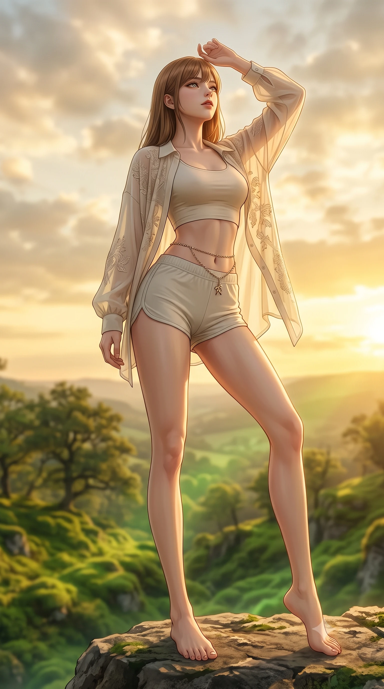 score_9, masterpiece, best quality, ultra-detailed, high-budget anime keyframe, editorial fashion photography, tasteful artistic composition, Korean woman woman. low angle full-body shot from head to toe showing her feet, filling the entire 9:16 vertical frame with her statuesque presence, stretching her vertical silhouette. standing proud on a scenic cliff overlooking the valley, her silhouette framed by the golden sky the background shows a soft-focus a quiet glen covered in a thick carpet of emerald green moss, surrounded by old oak trees. She has an absolutely perfect, statuesque 8.5-heads proportion, an exceptionally tall and slender model-like female figure with impossibly long slender legs and an ultra-slim waist. sharp v-shaped jawline, high-bridge nose, intricate jewel-like eyes with depth, thick eyelashes, glossy lips with a natural sheen. wearing a body-hugging lightweight chiffon cover-up shirt worn open over a crop top and high-cut shorts. soft diffused green light filtering through the dense canopy. 2k, ultra detail, master piece, 9:16 ratio