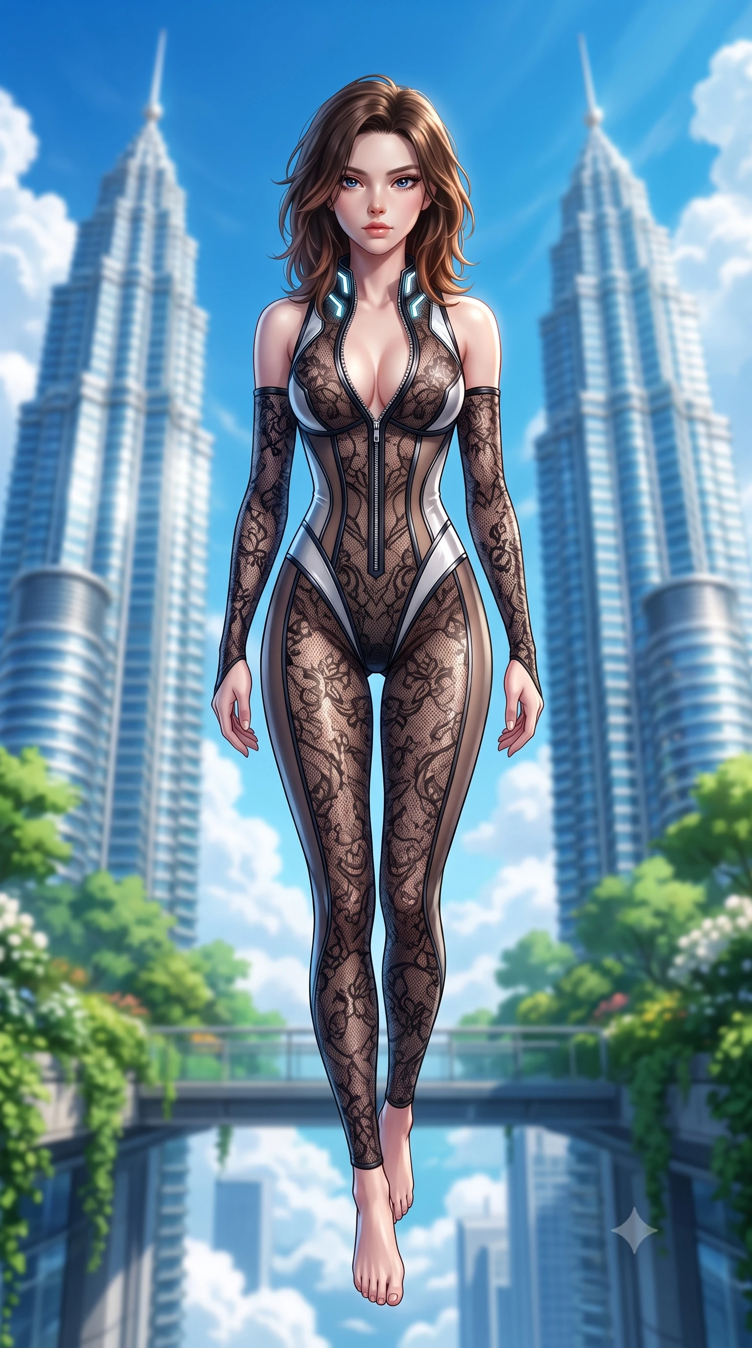 score_9, masterpiece, best quality, ultra-detailed, high-budget anime keyframe, semi-realistic 3D game render, editorial fashion photography, tasteful artistic composition, Korean woman. low angle full-body shot from head to toe showing her feet, filling the entire 9:16 vertical frame with her statuesque presence, stretching her vertical silhouette. performing an alluring mid-air vault with flawless poise, looking directly into the camera with smoldering intensity while stepping along a verdant sky-garden walkway suspended between twin gleaming architectural towers. The composition keeps background elements in soft focus with creamy bokeh. towering glass skyscraper spires and white fluffy cumulus clouds blurred into vivid sky-blue bokeh. She has an absolutely perfect, statuesque 8.5-heads proportion, an exceptionally tall and slender model-like female figure with impossibly long slender legs, a toned flat midriff, and an ultra-slim waist. sharp v-shaped jawline, high-bridge nose, intricate jewel-like eyes with depth, thick eyelashes, glossy lips with a natural sheen, flawlessly proportioned anatomical accuracy, strict slender model proportions, natural body alignment, perfectly sculpted long slender limbs, ultra-slim waistline, clean dynamic posture without body distortion. wearing a sheer dark lace pattern bodysuit with structured corsetry boning, sheer contouring side panels, and detached lace sleeves in high-gloss monochrome white and sharp black contrast, made of liquid metal jersey that clings flawlessly to every contour of her build, featuring a dangerously unzipped neckline framed by glowing cybernetic accents, the glove-like aerodynamic second-skin fit tightly clinging to her ultra-slender waist and athletic curves without adding bulk, accentuating her razor-sharp statuesque lines and slim hourglass silhouette. surrounded by an exhilarating, elevated, and radiantly sensual rooftop garden aura. highly saturated vibrant anime colors, detailed shading with soft gradients, rich glossy textures, high-contrast stereoscopic depth, volumetric dynamic lighting, master piece, 9:16 ratio
