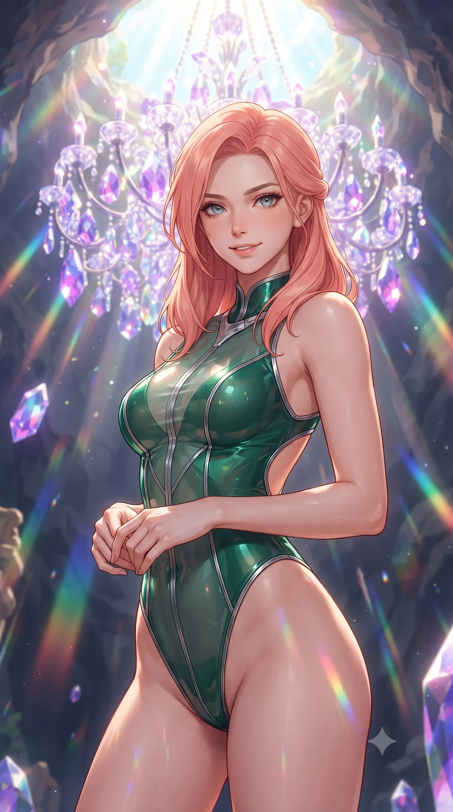 score_9, masterpiece, best quality, ultra-detailed, high-budget anime keyframe, editorial fashion photography, tasteful artistic composition, Japanese woman. close-up cowboy shot from the waist and thighs up, the character dominates the composition, filling the frame with her large presence, background elements kept in soft focus. Smiling with quiet, magnetic self-assurance directly into the lens poised beneath a giant crystal chandelier refracting subterranean sunlight, massive violet and magenta crystal facets scattering prismatic light rays. She has an exceptionally elegant, slender, and willowy female figure with an ultra-slim waist, a gracefully sculpted slender torso, and a refined silhouette. sharp v-shaped jawline, high-bridge nose, intricate jewel-like eyes with depth, thick eyelashes, glossy lips with a natural sheen. wearing a high-cut translucent vinyl leotard with front paneling and open back in deep emerald green and silver accent, woven from fine semi-opaque sheer organza, adorned with delicate metallic chain straps along the neckline, the sleek second-skin texture accentuating her magnetic presence. bathed in brilliant prismatic light filtering from a natural cavern skylight. highly saturated vibrant anime colors, detailed shading with soft gradients, rich glossy textures, high-contrast stereoscopic depth, volumetric dynamic lighting, master piece, 9:16 ratio