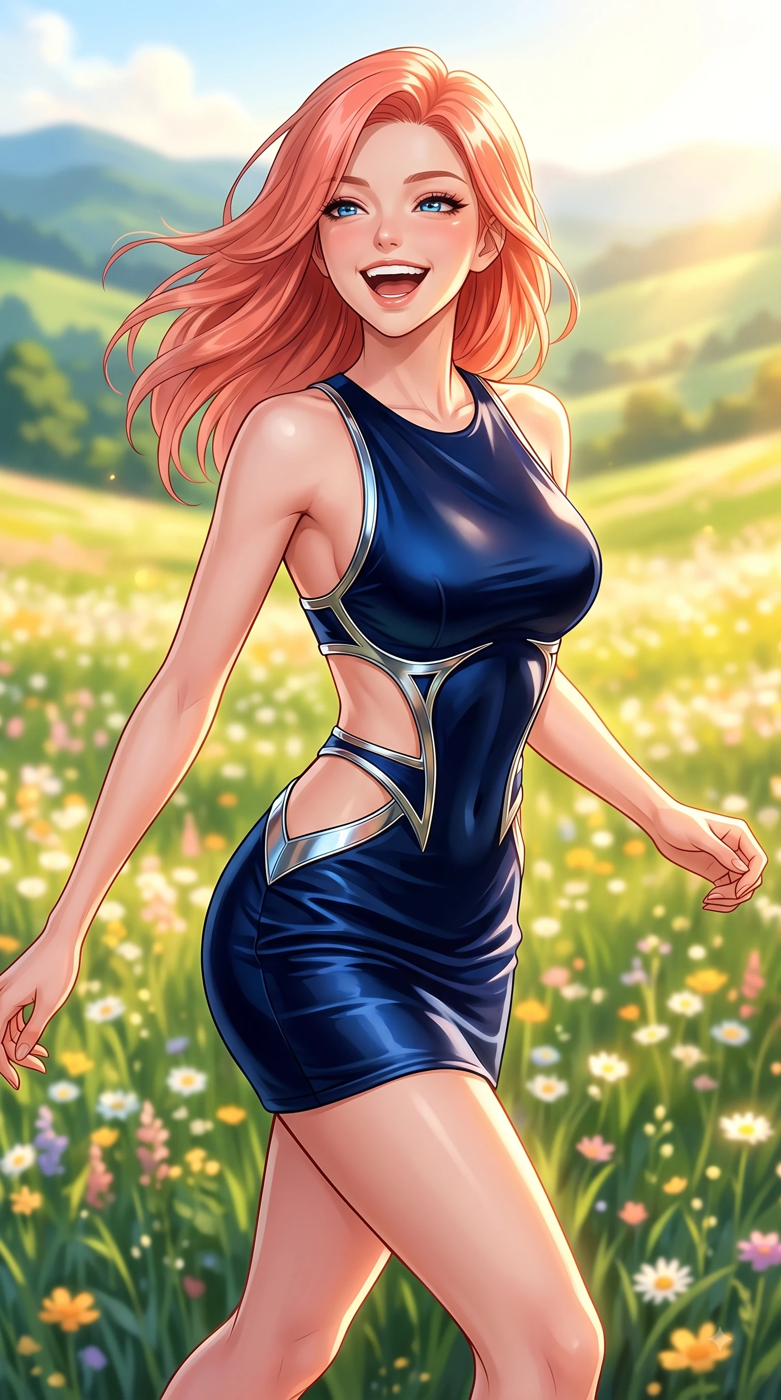 score_9, masterpiece, best quality, ultra-detailed, high-budget anime keyframe, editorial fashion photography, tasteful artistic composition, Japanese woman. close-up cowboy shot from the waist and thighs up, the character dominates the composition, filling the frame with her large presence, background elements kept in soft focus. Joyful laughing expression filled with genuine happiness and warmth, leaning forward with cheerful energy while pivoting in a cheerful stride through a sunlit flower meadow with an open infectious smile, a sweeping vista of rolling green hills glowing in warm bright sunlight. She has an exceptionally elegant, slender, and willowy female figure with an ultra-slim waist, a gracefully sculpted slender torso, and a refined silhouette. sharp v-shaped jawline, high-bridge nose, intricate jewel-like eyes with depth, thick eyelashes, glossy lips with a natural sheen, flawlessly proportioned anatomical accuracy, natural body alignment, perfectly sculpted elegant limbs, clean dynamic posture without body distortion. wearing a dramatic open-waist cutout mini dress framed by sculptural hardware in midnight navy blue and chrome trim, crafted from smooth liquid silk, featuring clean architectural cutouts along her slender torso, the form-contouring material highlighting her ultra-slim waist and long lines. bathed in brilliant sunny morning light and warm golden meadow sunbursts. highly saturated vibrant anime colors, detailed shading with soft gradients, rich glossy textures, high-contrast stereoscopic depth, volumetric dynamic lighting, master piece, 9:16 ratio