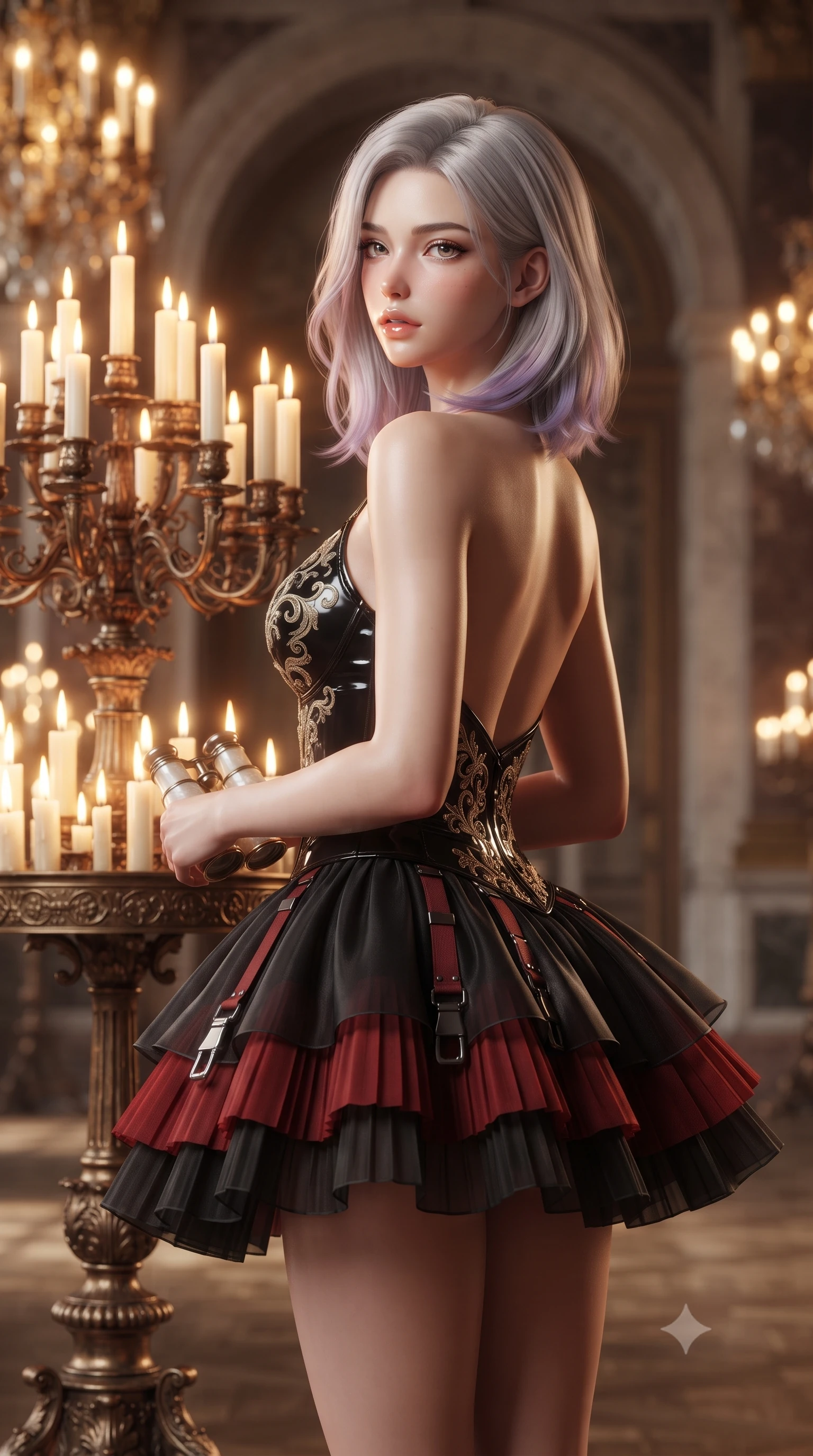 score_9, masterpiece, best quality, ultra-detailed, high-budget anime keyframe, editorial fashion photography, tasteful artistic composition, Caucasian woman. close-up cowboy shot from the waist and thighs up, the character dominates the composition, filling the frame with her large presence. posing in an alluring rear three-quarter angle, looking over a bare shoulder with parted glossy lips, her hips cocked back to highlight her slim hourglass curve while standing beside a colossal bronze floor candelabra with hips cocked back, looking over her shoulder with an irresistible bedroom-smile. The background shows a soft-focus monumental arched palace doorways softened in grand historical shallow focus. She has an exceptionally elegant, slender, and willowy female figure with an ultra-slim waist, flat toned midriff, narrow ribcage, and sculpted feminine hips creating an alluring, slim hourglass silhouette without bulk. sharp v-shaped jawline, high-bridge nose, sparkling eyes with hypnotic seductive depth, thick curled eyelashes, glossy parted lips with a natural dewy peach sheen, alluring bedroom-eyes with an enchanting coquettish smile, exuding magnetic siren charisma and sophisticated glamour, flawlessly proportioned anatomical accuracy, strict slender model proportions, natural body alignment, perfectly sculpted long slender limbs, ultra-slim waistline, clean dynamic posture without body distortion. wearing a structured velvet ballet bodice with gold filigree embroidery paired with an airy knife-pleated organza mini skirt in matte obsidian black and tactical crimson red with gunmetal hardware, crafted from wet-look high-gloss vinyl fabric with dazzling specular surface reflections, accented with an antique mother-of-pearl opera glass held casually in one hand, the precision-cut side openings and low-back scoop framing her graceful spine and the sensual sweep of her slim, toned hips. bathed in the flickering warmth of hundreds of real candles combined with ambient gilded chandelier glow. ultra-reflective glossy finish, specular highlights, rich textural contrasts, high-contrast stereoscopic depth, volumetric dynamic lighting, 2k, ultra detail, master piece, 9:16 ratio
