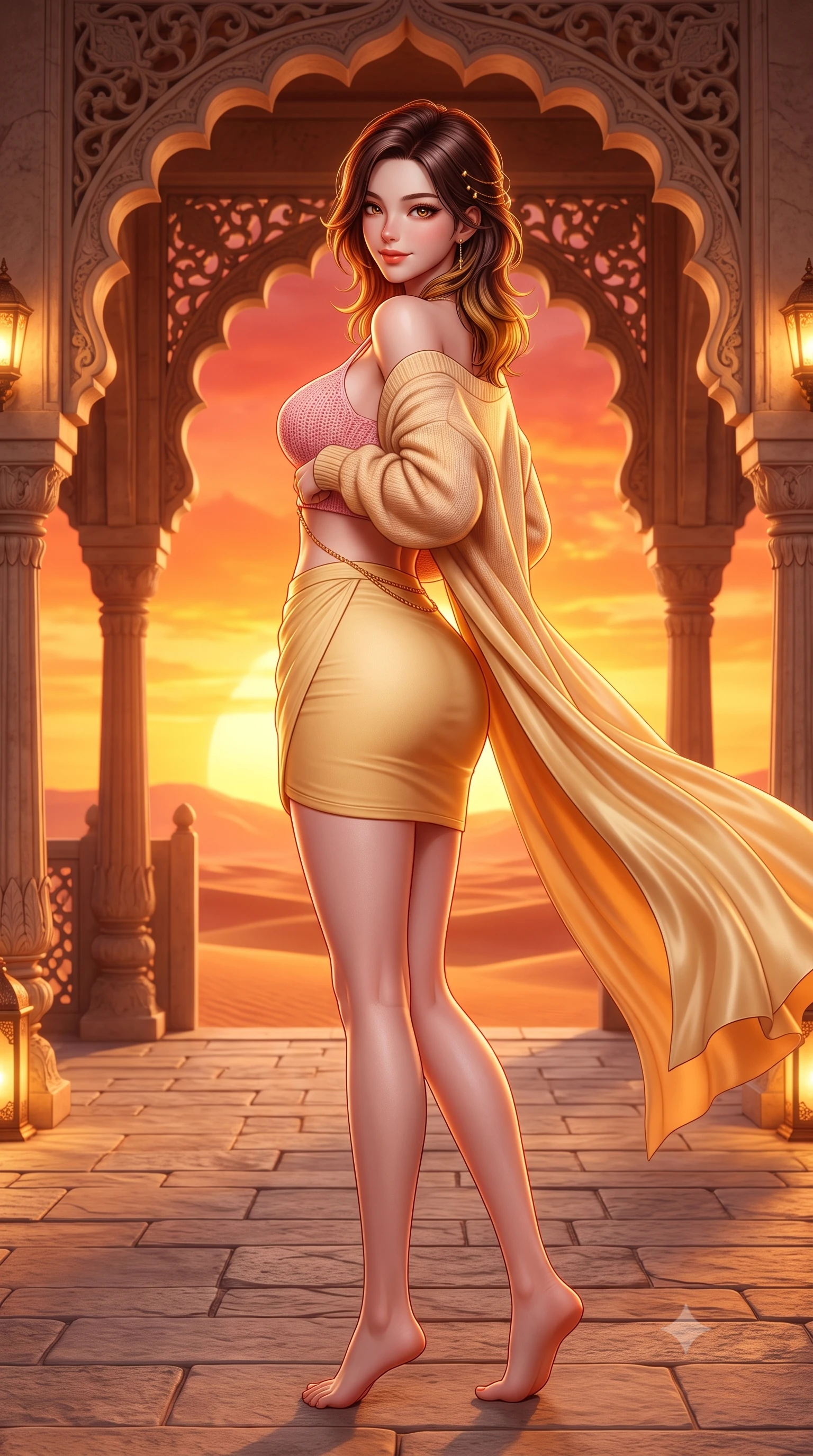 score_9, masterpiece, best quality, ultra-detailed, high-budget anime keyframe, semi-realistic 3D game render, editorial fashion photography, tasteful artistic composition, Korean woman. low angle full-body shot from head to toe showing her feet, filling the entire 9:16 vertical frame with her statuesque presence, stretching her vertical silhouette. posing with back turned slightly to the lens, glancing back with an enchanting, playful smile as she arches her lower back to emphasize her sculpted feminine hips and slender waist while twisting her slender torso in an alluring S-curve as desert breezes mold her flowing silk resort cape against her narrow waist and curvy hips. The surrounding environment is rendered in vivid detail and crisp panoramic clarity. detailed liquid silk gown texture, gold body chain gleam, and royal desert pavilion architecture in high resolution. She has an exceptionally tall and slender model-like 8.5-heads proportion, an ultra-slim waist, a flat toned midriff, narrow delicate ribcage, and beautifully sculpted feminine hips creating a graceful, slim hourglass silhouette without any bulky heaviness, with impossibly long slender legs. sharp v-shaped jawline, high-bridge nose, sparkling amber-hazel eyes with depth, long lush eyelashes, glossy sun-kissed lips with a warm coral glaze, radiant teasing smile with sensual sunlit bedroom-eyes, exuding effortless old-money elegance and intoxicating sun-drenched allure, flawlessly proportioned anatomical accuracy, strict slender model proportions, natural body alignment, perfectly sculpted long slender limbs, ultra-slim waistline, clean dynamic posture without body distortion. wearing a sweetheart-neckline crochet knit crop top paired with a curve-hugging wrap mini skirt accentuating her hips in sweet strawberry milk and warm butter yellow, made of liquid-tight stretch jersey emphasizing every curve of her body, complemented by an oversized soft cashmere knit cardigan slipping off one bare shoulder, the high-waisted tailoring accentuating her ultra-slim waistline and the enchanting curve of her feminine hips with alluring sunlit charm. bathed in the intense molten-crimson and gold of the desert horizon sunset. highly saturated vibrant anime colors, detailed shading with soft gradients, rich glossy textures, high-contrast stereoscopic depth, volumetric dynamic lighting, master piece, 9:16 ratio