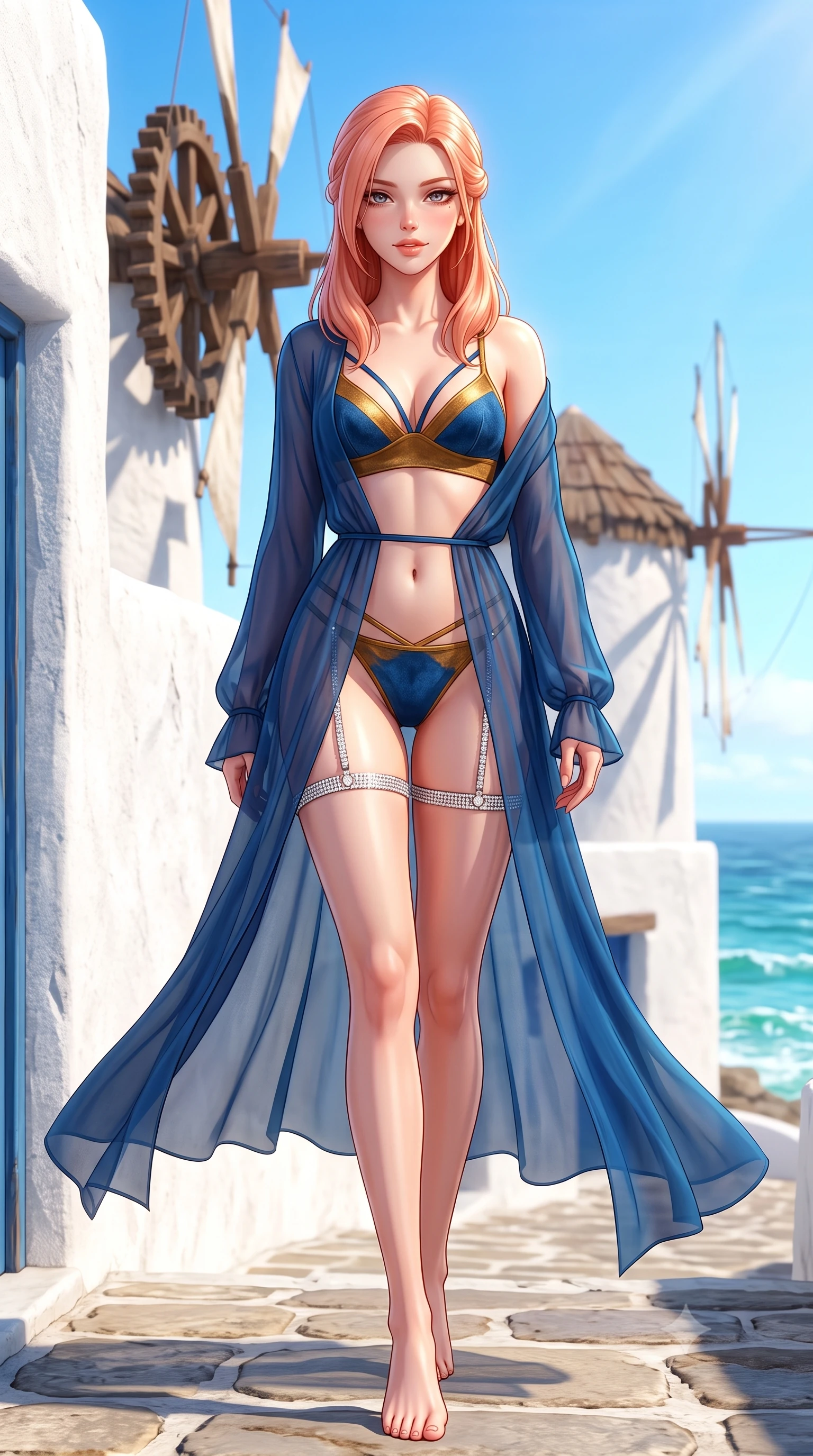 score_9, masterpiece, best quality, ultra-detailed, high-budget anime keyframe, semi-realistic 3D game render, editorial fashion photography, tasteful artistic composition, Japanese woman. low angle full-body shot from head to toe showing her feet, filling the entire 9:16 vertical frame with her statuesque presence, stretching her vertical silhouette. stepping slowly toward the camera with hypnotic grace, hips swaying in an alluring sensual rhythm that accentuates her curvy hourglass silhouette and long slender legs while twisting her slender torso in an alluring contrapposto stance, fresh island breezes molding her form-fitting outfit to her curvy hips. The surrounding environment is rendered in vivid detail and crisp panoramic clarity: sharp stucco whitewash wall texture, rustic wooden windmill gear wheels, and turquoise sea foam clarity in deep focus. She has an absolutely perfect, statuesque 8.5-heads proportion, an exceptionally tall and slender model-like female figure with impossibly long slender legs, an ultra-slim waist, a flat toned midriff, narrow delicate ribcage, and beautifully sculpted feminine hips creating a graceful, slim hourglass silhouette without any bulky heaviness. sharp v-shaped jawline, high-bridge nose, sparkling eyes with hypnotic seductive depth, thick curled eyelashes, glossy parted lips with a natural dewy peach sheen, alluring bedroom-eyes with an enchanting coquettish smile, exuding magnetic siren charisma and sophisticated glamour, flawlessly proportioned anatomical accuracy, strict slender model proportions, natural body alignment, perfectly sculpted long slender limbs, ultra-slim waistline, clean dynamic posture without body distortion. wearing a delicate sheer chiffon western duster robe slipping off bare shoulders over a matching strappy suede bralette in molten liquid gold and deep ocean sapphire, tailored from ultra-soft distressed suede with velvety hand-feel and rich shadow depth, finished with delicate crystal-encrusted thigh garter straps glinting in the sunlight, the liquid-tight tailored fabric clinging flawlessly to her narrow waist and rounded feminine hips, emphasizing every millimeter of her sculpted slim hourglass curves without any bulky heaviness. bathed in brilliant Grecian afternoon sunlight bouncing off whitewashed stone surfaces. highly saturated vibrant anime colors, detailed shading with soft gradients, rich glossy textures, high-contrast stereoscopic depth, volumetric dynamic lighting, master piece, 9:16 ratio