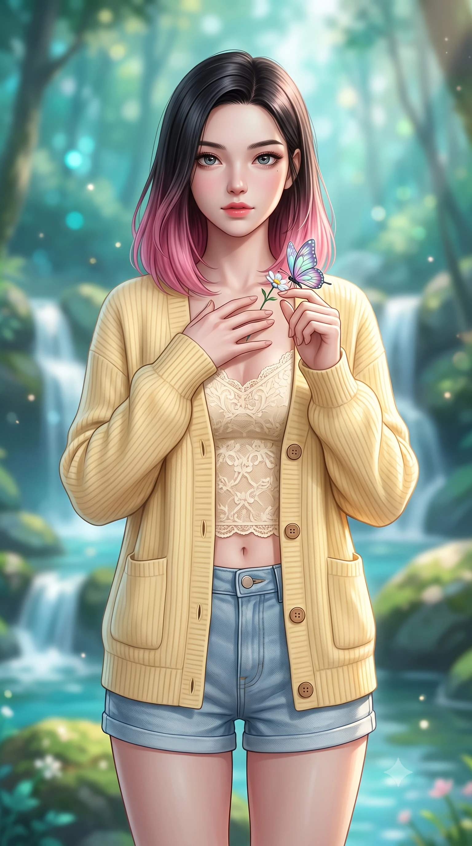 score_9, masterpiece, best quality, ultra-detailed, high-budget anime keyframe, semi-realistic 3D game render, editorial fashion photography, tasteful artistic composition, Korean woman. close-up cowboy shot from the waist and thighs up, the character dominates the composition, filling the frame with her large presence. holding her hands loosely near her heart with an enchanting, affectionate gaze looking directly into the lens while reaching out playfully to touch a delicate iridescent forest butterfly resting on a wildflower blossom. The composition keeps background elements in soft focus with creamy bokeh. cascading white water ribbons and emerald mossy boulders blurred into lush turquoise, jade, and crystal bokeh. She has an exceptionally elegant, slender, and willowy female figure with an ultra-slim waist, a gracefully sculpted slender torso, toned flat midriff, and a refined slim silhouette. sharp v-shaped jawline, high-bridge nose, intricate jewel-like eyes with depth, thick eyelashes, glossy lips with a natural sheen, pure and lovely fresh girlhood expression, flawlessly proportioned anatomical accuracy, strict slender model proportions, natural body alignment, perfectly sculpted long slender limbs, ultra-slim waistline, clean dynamic posture without body distortion. wearing a soft pastel ribbed knit cardigan worn over a delicate cream lace camisole and light-wash denim shorts in fresh buttercup yellow and clean cream white, knitted from ultra-soft cozy baby-cashmere yarn, finished with neat natural wooden buttons and patch pocket details, the relaxed yet flattering fit accentuating her naturally graceful and slender figure, highlighting her youthful charm and lovely silhouette. surrounded by an enchanting, whimsical, and pure fairy-tale glen maiden aura. highly saturated vibrant anime colors, detailed shading with soft gradients, rich glossy textures, high-contrast stereoscopic depth, volumetric dynamic lighting, master piece, 9:16 ratio