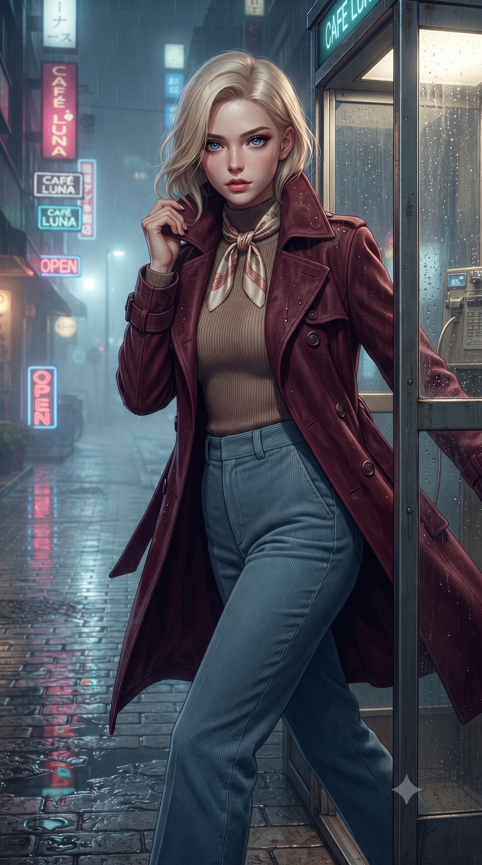 score_9, masterpiece, best quality, ultra-detailed, high-budget anime keyframe, editorial fashion photography, tasteful artistic composition, Caucasian woman. close-up cowboy shot from the waist and thighs up, the character dominates the composition, filling the frame with her large presence. radiating intense magnetic charisma with jewel-like eyes locked onto the viewer, her upper body turning in a dynamic, fluid S-curve while stepping out of the retro phone booth into the misty night street, pulling her trench coat collar up with effortless cool. The surrounding environment is rendered in vivid detail and crisp panoramic clarity. detailed wet trench coat fabric, sidewalk puddle caustics, and neon reflection clarity in high resolution. She has an exceptionally elegant, slender, and willowy female figure with an ultra-slim waist, a gracefully sculpted slender torso, toned flat midriff, and a refined slim silhouette. sharp v-shaped jawline, high-bridge nose, intricate jewel-like eyes with depth, thick eyelashes, glossy lips with a natural sheen, captivating and magnetic expression, flawlessly proportioned anatomical accuracy, strict slender model proportions, natural body alignment, perfectly sculpted long slender limbs, ultra-slim waistline, clean dynamic posture without body distortion. wearing a stylish retro suede trench coat over a fitted mock-neck knit top and high-waist tailored slacks in rich wine burgundy and faded vintage blue, tailored from soft fine-wale corduroy with rich velvety texture, complemented by a delicate silk scarf tied playfully around her neck, the liquid-tight tailored fabric emphasizing every curve of her tall, slender model proportions and sculptured silhouette during dynamic movement. surrounded by an emotional, poetic, and heartwarming vintage movie heroine aura. ultra-reflective glossy finish, specular highlights, rich textural contrasts, high-contrast stereoscopic depth, volumetric dynamic lighting, 2k, ultra detail, master piece, 9:16 ratio