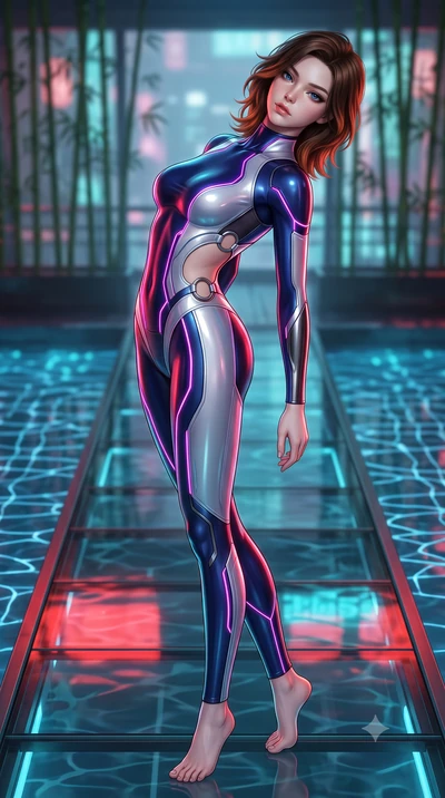 score_9, masterpiece, best quality, ultra-detailed, high-budget anime keyframe, semi-realistic 3D game render, editorial fashion photography, tasteful artistic composition, Korean woman. low angle full-body shot from head to toe showing her feet, fil