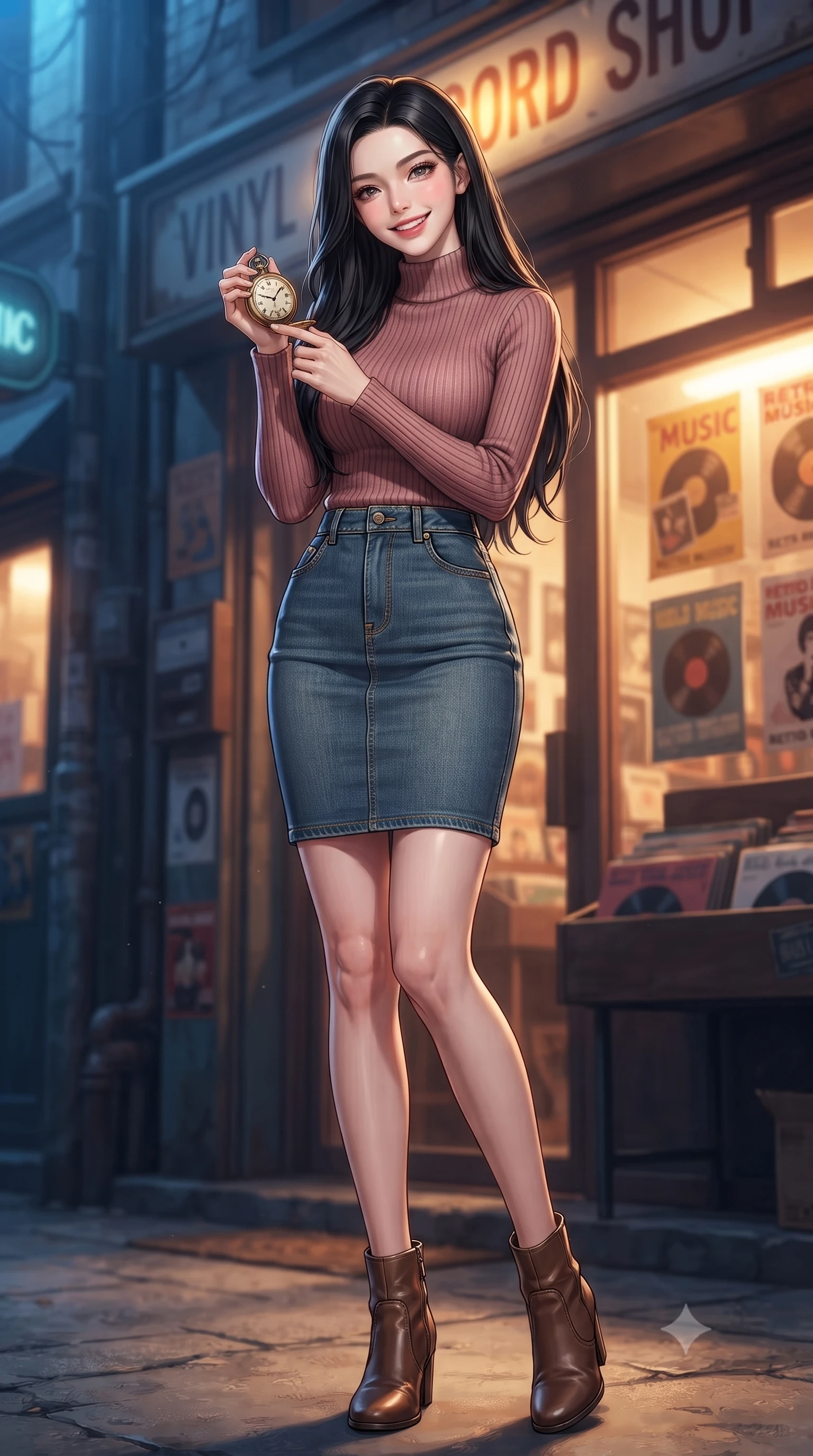 score_9, masterpiece, best quality, ultra-detailed, high-budget anime keyframe, editorial fashion photography, tasteful artistic composition, Korean woman. low angle full-body shot from head to toe showing her feet, filling the entire 9:16 vertical frame with her statuesque presence, stretching her vertical silhouette. standing with a cute, bright pose, tilting her head with a beaming smile set against a soft-focus background of in front of a vintage vinyl record shop with retro music posters in the window holding a vintage brass pocket watch with a curious, playful look. She has an absolutely perfect, statuesque 8.5-heads proportion, an exceptionally tall and slender model-like female figure with impossibly long slender legs and an ultra-slim waist. sharp v-shaped jawline, high-bridge nose, intricate jewel-like eyes with depth, thick eyelashes, glossy lips with a natural sheen. wearing slim-fit form-fitting ribbed knit turtleneck in dusty rose, tucked into a slim denim pencil skirt. warm glow from the shop windows clashing with the cool blue alley shadows. ultra-reflective glossy finish, specular highlights, metallic sheen, high-contrast stereoscopic depth, volumetric dynamic lighting, 2k, ultra detail, master piece, 9:16 ratio