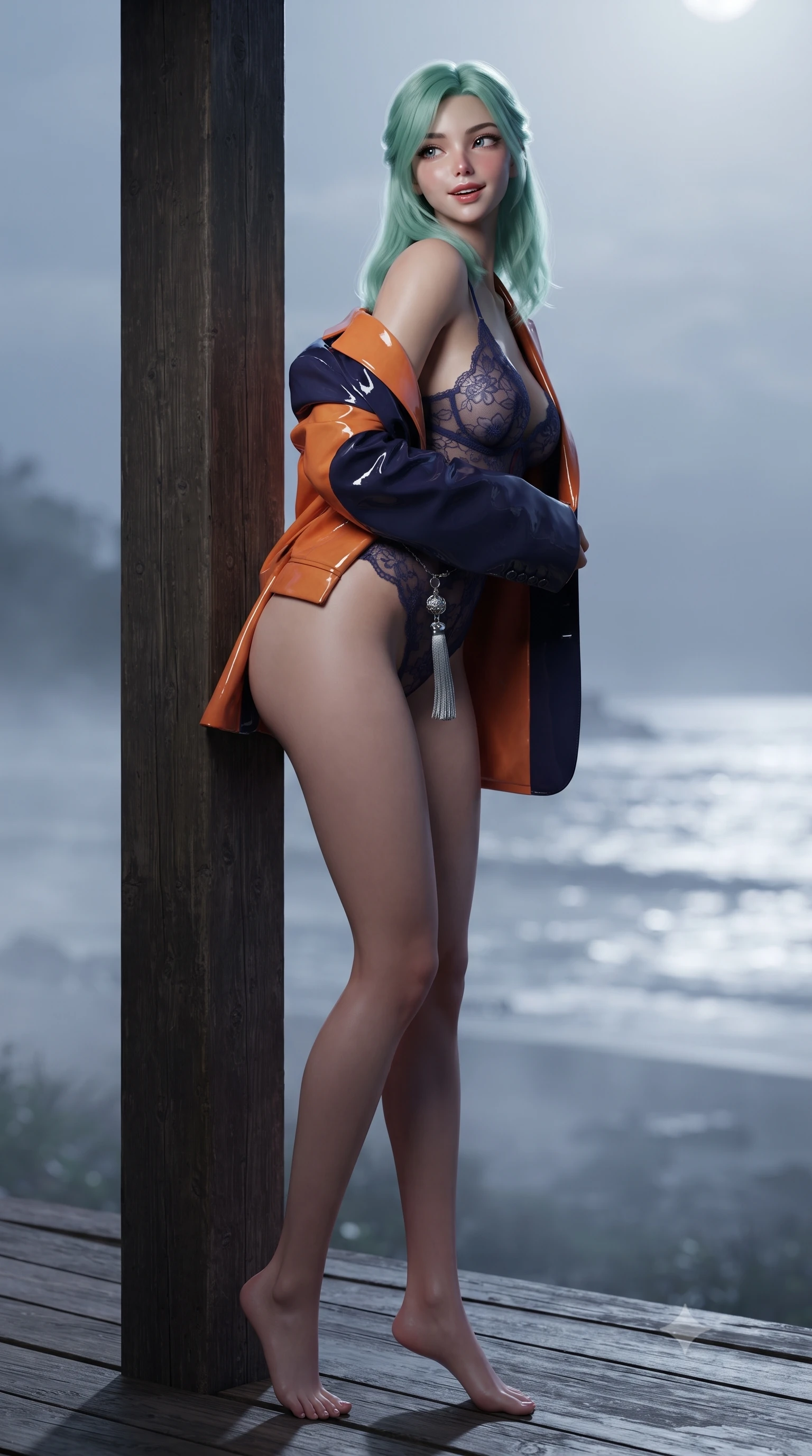 score_9, masterpiece, best quality, ultra-detailed, high-budget anime keyframe, editorial fashion photography, tasteful artistic composition, Japanese woman. low angle full-body shot from head to toe showing her feet, filling the entire 9:16 vertical frame with her statuesque presence, stretching her vertical silhouette. stepping slowly toward the camera with hypnotic grace, hips swaying in an alluring sensual rhythm that accentuates her curvy hourglass silhouette and long slender legs while leaning against the weathered pine pillar with hips cocked back, looking back over a bare shoulder toward the silver ocean horizon. The background shows a soft-focus floating mist layers over the coastline softened in romantic high-altitude shallow focus. She has an absolutely perfect, statuesque 8.5-heads proportion, an exceptionally tall and slender model-like female figure with impossibly long slender legs, an ultra-slim waist, a flat toned midriff, narrow delicate ribcage, and beautifully sculpted feminine hips creating a graceful, slim hourglass silhouette without any bulky heaviness. sharp v-shaped jawline, high-bridge nose, sparkling eyes with hypnotic seductive depth, thick curled eyelashes, glossy parted lips with a natural dewy peach sheen, alluring bedroom-eyes with an enchanting coquettish smile, exuding magnetic siren charisma and sophisticated glamour, flawlessly proportioned anatomical accuracy, strict slender model proportions, natural body alignment, perfectly sculpted long slender limbs, ultra-slim waistline, clean dynamic posture without body distortion. wearing a delicate sheer floral lace teddy layered under an open tailored oversized blazer draped casually over bare shoulders in sunset tangerine orange and deep navy indigo, crafted from wet-look high-gloss vinyl fabric with dazzling specular surface reflections, accented with an intricate silver norigae tassel swaying gracefully along her curving hip line, the liquid-tight tailored fabric clinging flawlessly to her narrow waist and rounded feminine hips, emphasizing every millimeter of her sculpted slim hourglass curves without any bulky heaviness. bathed in brilliant horizontal moonlight sweeping across the ocean surface. ultra-reflective glossy finish, specular highlights, rich textural contrasts, high-contrast stereoscopic depth, volumetric dynamic lighting, 2k, ultra detail, master piece, 9:16 ratio