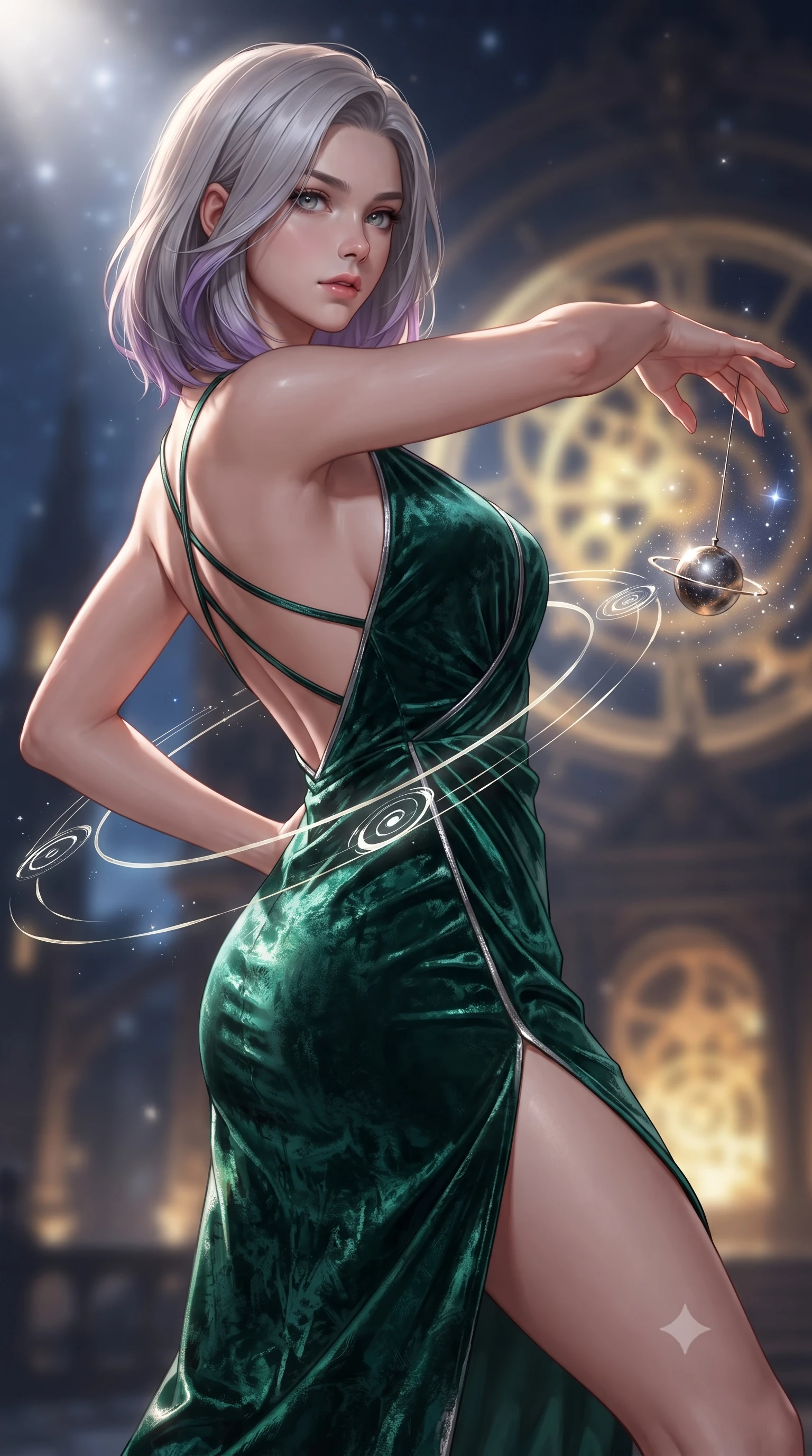 score_9, masterpiece, best quality, ultra-detailed, high-budget anime keyframe, editorial fashion photography, tasteful artistic composition, Caucasian woman. close-up cowboy shot from the waist and thighs up, the character dominates the composition, filling the frame with her large presence, background elements kept in soft focus. Holding a powerful dynamic pose with one hand on her hip and body angled dramatically toward the key light while reaching her arm forward to intercept a floating planetary pendulum catching starlight, glowing orbital glyphs hovering in fluid circular paths around her torso. She has an exceptionally elegant, slender, and willowy female figure with an ultra-slim waist, a gracefully sculpted slender torso, and a refined silhouette. sharp v-shaped jawline, high-bridge nose, intricate jewel-like eyes with depth, thick eyelashes, glossy lips with a natural sheen, flawlessly proportioned anatomical accuracy, natural body alignment, perfectly sculpted elegant limbs, clean dynamic posture without body distortion. wearing a backless crushed velvet gown with a deep V-neckline and high thigh slit in deep emerald green and silver accent, made of premium stretch velvet with a rich sheen, complemented by criss-cross back straps highlighting her bare shoulders, the elegant draped fit framing her graceful clavicle and slender torso. bathed in brilliant starlight and warm golden inner glow from the clockwork citadel. ultra-reflective glossy finish, specular highlights, metallic sheen, high-contrast stereoscopic depth, volumetric dynamic lighting, 2k, ultra detail, master piece, 9:16 ratio