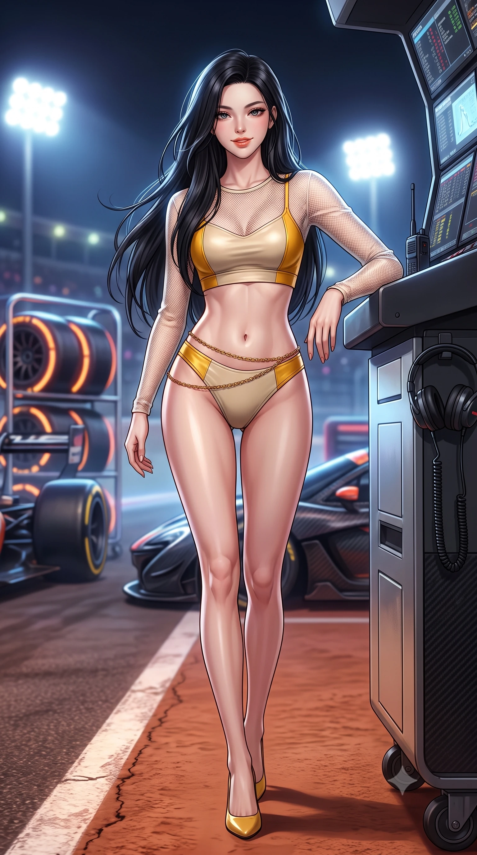 score_9, masterpiece, best quality, ultra-detailed, high-budget anime keyframe, semi-realistic 3D game render, editorial fashion photography, tasteful artistic composition, Korean woman. low angle full-body shot from head to toe showing her feet, filling the entire 9:16 vertical frame with her statuesque presence, stretching her vertical silhouette. walking slowly along the clay court baseline, looking back over her shoulder with an air of effortless grace and an alluring, smoldering smile while leaning against the team telemetry console with hips cocked back, looking into the lens with an intoxicating, smoldering gaze amidst headset equipment. The background shows a soft-focus glowing tire warming racks and high-speed carbon fiber cars softened in thrilling night-race shallow focus. She has an absolutely perfect, statuesque 8.5-heads proportion, an exceptionally tall and slender model-like female figure with impossibly long slender legs, an ultra-slim waist, a flat toned midriff, narrow delicate ribcage, and beautifully sculpted feminine hips creating a graceful, slim hourglass silhouette without any bulky heaviness. sharp v-shaped jawline, high-bridge nose, sparkling eyes with athletic focus and depth, thick curled eyelashes, glossy parted lips with a natural coral-peach sheen, bright confident and coquettish smile with alluring bedroom-eyes, exuding both youthful sporty vigor and sovereign high-society glamour, flawlessly proportioned anatomical accuracy, strict slender model proportions, natural body alignment, perfectly sculpted long slender limbs, ultra-slim waistline, clean dynamic posture without body distortion. wearing a sheer athletic mesh long-sleeve crop top layered over an opaque racing bralette and high-cut tennis briefs in warm oatmeal beige and deep Ferrari yellow, crafted from supple buttery lambskin racing leather with a satin sheen, accented with a delicate gold chain belt resting loosely on her curvy hips, the form-fitting tailored bodice adhering flawlessly to her sculpted flat midriff and slender torso, emphasizing her long leg lines and perfectly proportioned willowy build. bathed in intense, high-contrast track floodlight white and pit-box neon accents. highly saturated vibrant anime colors, detailed shading with soft gradients, rich glossy textures, high-contrast stereoscopic depth, volumetric dynamic lighting, master piece, 9:16 ratio