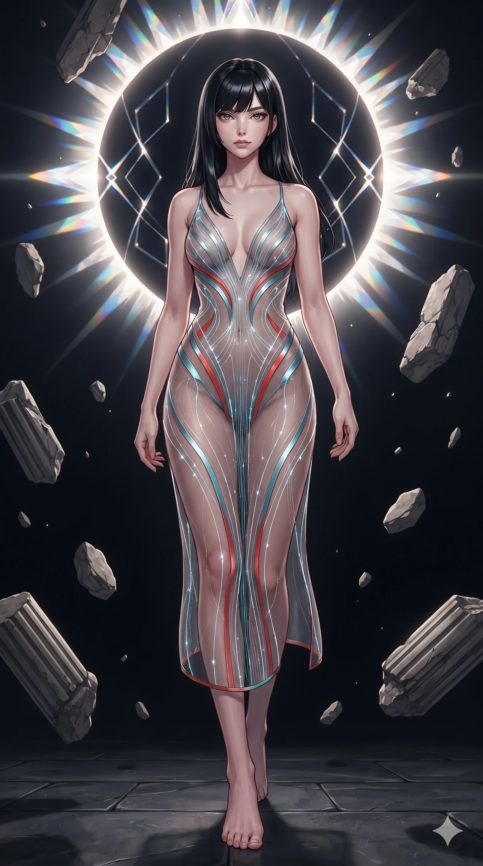 score_9, masterpiece, best quality, ultra-detailed, high-budget anime keyframe, editorial fashion photography, tasteful artistic composition, Caucasian woman. low angle full-body shot from head to toe showing her feet, filling the entire 9:16 vertical frame with her statuesque presence, stretching her vertical silhouette. stepping slowly toward the camera with hypnotic grace, hips swaying in an alluring sensual rhythm that accentuates her curvy hourglass silhouette and long slender legs while twisting her slender torso in an alluring S-curve between floating stone fragments, diamond eclipse corona light tracing her flat midriff and hourglass curves. The surrounding environment is rendered in vivid detail and crisp panoramic clarity: intricate cybernetic suit paneling, sheer ventilation mesh, and alien anti-gravity physics in razor-sharp clarity. She has an absolutely perfect, statuesque 8.5-heads proportion, an exceptionally tall and slender model-like female figure with impossibly long slender legs, an ultra-slim waist, a flat toned midriff, narrow delicate ribcage, and beautifully sculpted feminine hips creating a graceful, slim hourglass silhouette without any bulky heaviness. sharp v-shaped jawline, high-bridge nose, intricate jewel-like sparkling eyes with depth, thick eyelashes, glossy parted lips with a natural sheen, bright confident smile with an enchanting and coquettish sensual glint, exuding both youthful magnetic charm and sovereign high-tech allure, flawlessly proportioned anatomical accuracy, strict slender model proportions, natural body alignment, perfectly sculpted long slender limbs, ultra-slim waistline, clean dynamic posture without body distortion. wearing a plunge-front sheer illusion technical mesh slip dress with liquid platinum ribbon stripes hugging her curves in cyber-shinto vermilion and laser turquoise, featuring strategic sheer-illusion tulle side panels framing her ribcage and hips, accented with illuminated micro-fiber optic circuit threads tracing along her ribs and spine, the liquid-tight tailored fabric clinging flawlessly to her narrow waist and rounded feminine hips, emphasizing every millimeter of her sculpted slim hourglass curves without any bulky heaviness. bathed in the dramatic high-contrast diamond corona brilliance of the twin solar eclipse casting sharp dramatic shadows. ultra-reflective glossy finish, specular highlights, rich textural contrasts, high-contrast stereoscopic depth, volumetric dynamic lighting, 2k, ultra detail, master piece, 9:16 ratio