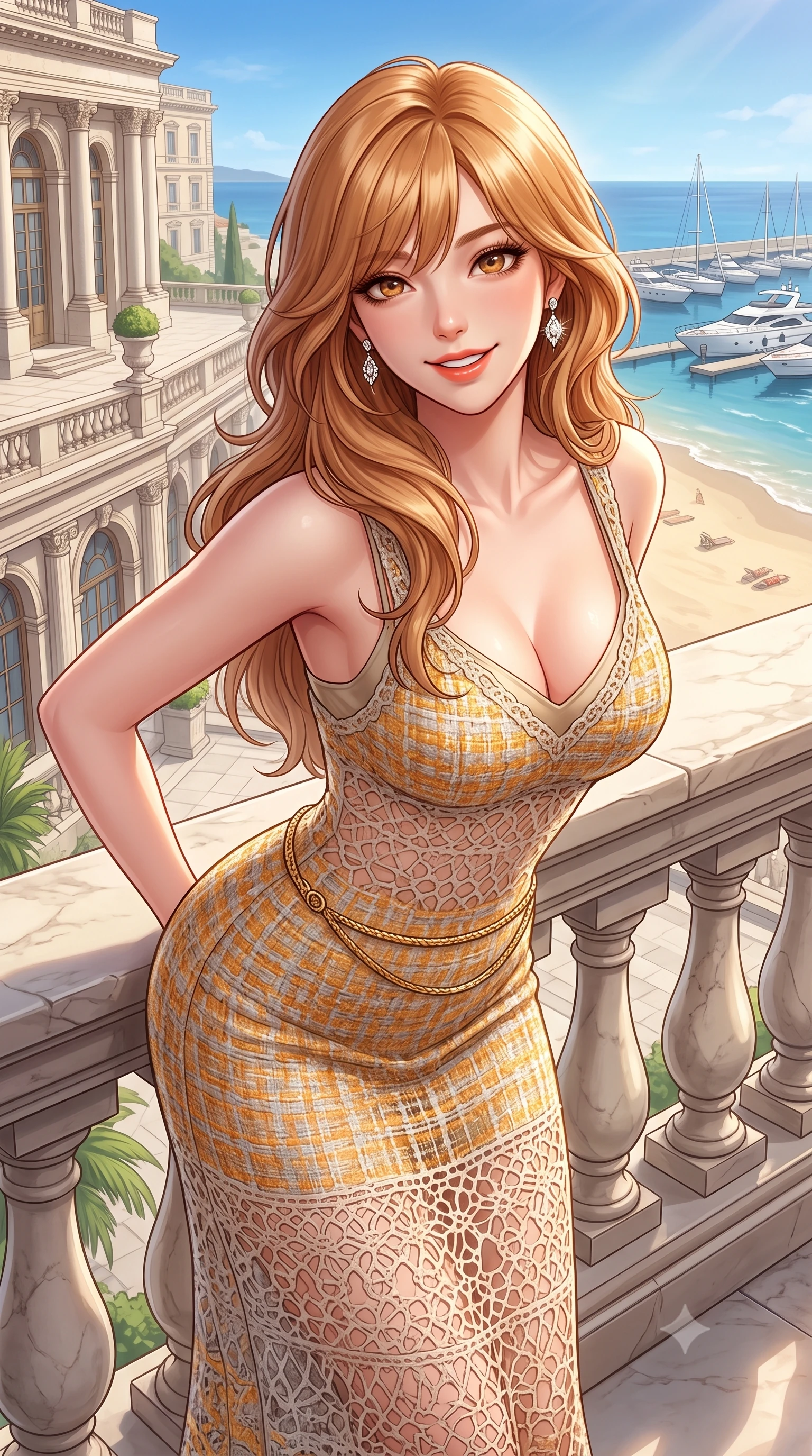 score_9, masterpiece, best quality, ultra-detailed, high-budget anime keyframe, semi-realistic 3D game render, editorial fashion photography, tasteful artistic composition, Korean woman. close-up cowboy shot from the waist and thighs up, the character dominates the composition, filling the frame with her large presence. resting both hands lightly behind her back while leaning toward the lens with a cheerful, teasing grin, her form-fitting outfit hugging her narrow waist and feminine hip curve while leaning against the classical stone balustrade with hips cocked back, casting an alluring bedroom-gaze over the sandy beach and anchored yachts. The surrounding environment is rendered in vivid detail and crisp panoramic clarity. detailed haute-couture resort gown sheen, diamond earrings sparkle, and palace architecture in high resolution. She has an exceptionally elegant, slender, and willowy female figure with an ultra-slim waist, flat toned midriff, narrow ribcage, and sculpted feminine hips creating an alluring, slim hourglass silhouette without bulk. sharp v-shaped jawline, high-bridge nose, sparkling amber-hazel eyes with depth, long lush eyelashes, glossy sun-kissed lips with a warm coral glaze, radiant teasing smile with sensual sunlit bedroom-eyes, exuding effortless old-money elegance and intoxicating sun-drenched allure, flawlessly proportioned anatomical accuracy, strict slender model proportions, natural body alignment, perfectly sculpted long slender limbs, ultra-slim waistline, clean dynamic posture without body distortion. wearing a sheer crochet lace maxi dress layered over a matching silk slip, accentuating her narrow waist and rounded hips in rich saffron amber and soft dove grey, tailored from soft pastel resort tweed with subtle gold thread shimmer, finished with a delicate gold snake chain belt resting loosely on her curvy hips, the form-contouring cut accentuating her sculpted flat midriff, narrow delicate ribcage, and gracefully curvy hips with sun-drenched supermodel elegance. illuminated by grand marble terrace bounce and sharp platinum rim lights sculpting her razor-sharp jawline, narrow waist, and curvy hips. highly saturated vibrant anime colors, detailed shading with soft gradients, rich glossy textures, high-contrast stereoscopic depth, volumetric dynamic lighting, master piece, 9:16 ratio