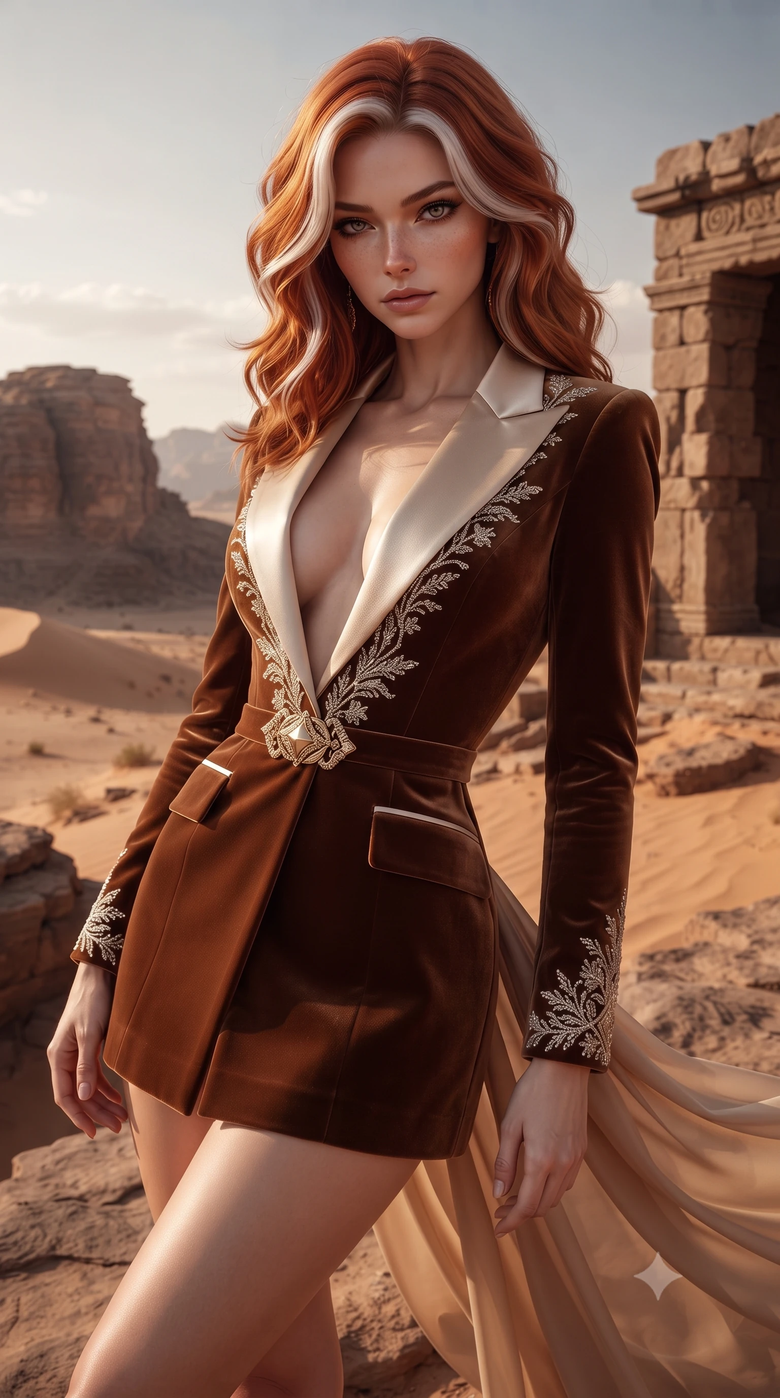 score_9, masterpiece, best quality, ultra-detailed, high-budget anime keyframe, editorial fashion photography, tasteful artistic composition, Caucasian woman. close-up cowboy shot from the waist and thighs up, the character dominates the composition, filling the frame with her large presence. leaning back with relaxed seductive grace, her sculpted collarbones and narrow waist highlighted as she casts smoldering bedroom-eyes directly into the camera while standing poised on the canyon overlook rock ledge, the desert sunset wind fluttering her sheer wrap to reveal her long legs and narrow waist. The surrounding environment is rendered in vivid detail and crisp panoramic clarity. rich high-contrast desert vortex chiaroscuro and ultra-luxury Southwestern sanctuary aesthetics in precision. She has an exceptionally elegant, slender, and willowy female figure with an ultra-slim waist, flat toned midriff, narrow ribcage, and sculpted feminine hips creating an alluring, slim hourglass silhouette without bulk. sharp v-shaped jawline, high-bridge nose, intricate jewel-like eyes with depth, thick eyelashes, glossy parted lips with a natural sheen, intensely captivating and seductive bedroom-eyes expression, flawlessly proportioned anatomical accuracy, strict slender model proportions, natural body alignment, perfectly sculpted long slender limbs, ultra-slim waistline, clean dynamic posture without body distortion. wearing a tailored velvet tuxedo jacket dress with satin lapels, worn with a deep plunge neckline and gold hip buckle in rich equestrian cognac brown and crisp champagne cream, tailored from ultra-smooth duchess satin with a pearlescent sheen, finished with delicate crystal frost embroidery tracing the plunging neckline, the second-skin form-contouring cut accentuating her sculpted flat midriff, narrow delicate ribcage, and gracefully curvy hips with supermodel precision. surrounded by an earthy, sacred, and deeply sensual desert goddess aura. ultra-reflective glossy finish, specular highlights, rich textural contrasts, high-contrast stereoscopic depth, volumetric dynamic lighting, 2k, ultra detail, master piece, 9:16 ratio
