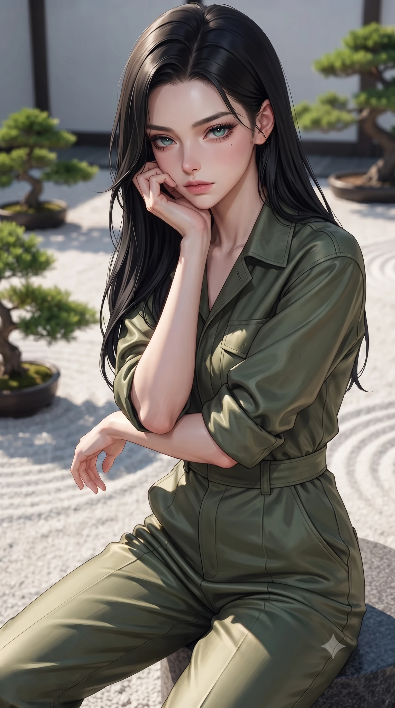 score_9, masterpiece, best quality, ultra-detailed, high-budget anime keyframe, editorial fashion photography, tasteful artistic composition, Korean woman woman. close-up cowboy shot from the waist and thighs up, the character dominates the composition, filling the frame with her large presence, background elements kept in soft focus. resting her chin on the backs of her fingers, casting a heavy-lidded, sultry look past the camera the background shows a soft-focus a gravel courtyard with green bonsai trees and white raked sand. She has an exceptionally elegant, slender, and willowy female figure with an ultra-slim waist, a gracefully sculpted slender torso, and a refined silhouette. sharp v-shaped jawline, high-bridge nose, intricate jewel-like eyes with depth, thick eyelashes, glossy lips with a natural sheen. wearing a form-contouring comfortable olive green utility jumpsuit with a structured collar and rolled-up sleeves. crisp morning sunlight casting sharp, clean shadows across the gravel. ultra-reflective glossy finish, specular highlights, metallic sheen, high-contrast stereoscopic depth, volumetric dynamic lighting, 2k, ultra detail, master piece, 9:16 ratio
