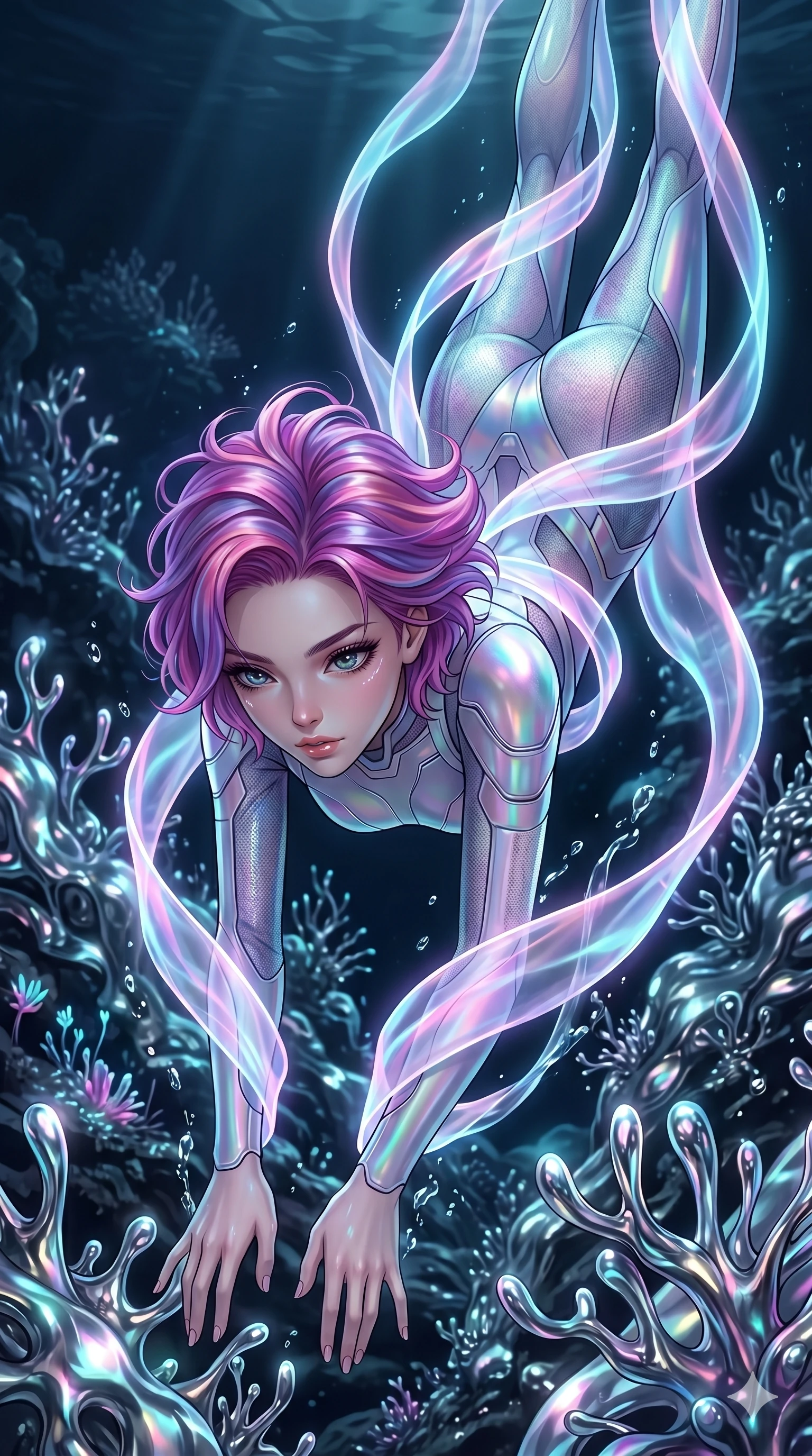 score_9, masterpiece, best quality, ultra-detailed, high-budget anime keyframe, Caucasian woman, strictly human ears. upper body close-up from the thighs up, character filling the screen for maximum presence. diving through a bionic fluid mercury reef where self-replicating liquid chrome corals pulse under dark ocean water. She has an absolutely perfect 8-heads proportion, an exceptionally tall and slender female figure with impossibly long slender legs and an ultra-slim waist. V-shaped jawline, high-bridge nose, intricate jewel-like eyes with depth, thick eyelashes, glossy lips with a natural sheen.. wearing a cybernetic bodysuit with a holographic ribbon, featuring a precision-fitted structured bodysuit wrapped in a translucent flowing holographic organza ribbon. enhanced by a luminous pastel spectrum glow, casting elegant rim lights on her shoulders and jawline. 2k, ultra detail, master piece, 9:16 ratio