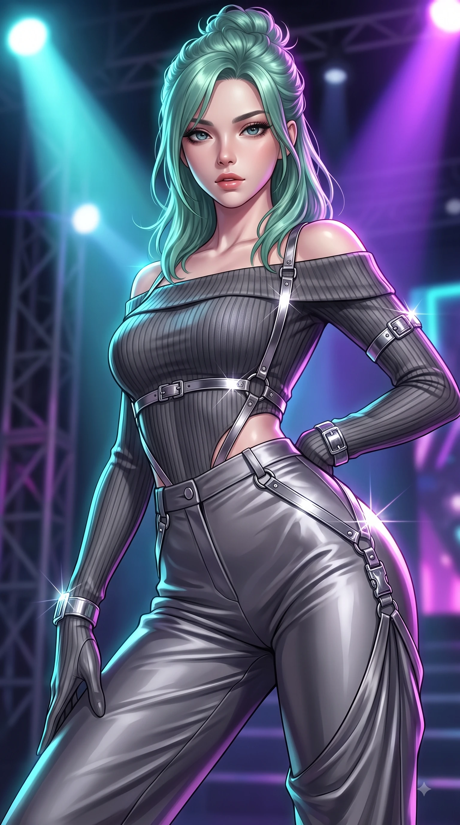 score_9, masterpiece, best quality, ultra-detailed, high-budget anime keyframe, editorial fashion photography, tasteful artistic composition, Japanese woman. close-up cowboy shot from the waist and thighs up, the character dominates the composition, filling the frame with her large presence, background elements kept in soft focus. Leaning forward gracefully with lips parted, casting a smoldering magnetic gaze directly into the lens while pivoting dynamically in a dancer stance with a magnetic, composed gaze directed at the camera, metallic harness accents and chrome buckles catching sharp specular sunbursts. She has an exceptionally elegant, slender, and willowy female figure with an ultra-slim waist, a gracefully sculpted slender torso, and a refined silhouette. sharp v-shaped jawline, high-bridge nose, intricate jewel-like eyes with depth, thick eyelashes, glossy lips with a natural sheen, flawlessly proportioned anatomical accuracy, natural body alignment, perfectly sculpted elegant limbs, clean dynamic posture without body distortion. wearing a sleek off-shoulder ribbed knit top paired with high-waist tailored pants in charcoal grey and platinum, crafted from lustrous satin jersey with fluid draping, accented with delicate chrome ring hardware framing her waist, the glove-like fit emphasizing her statuesque silhouette during motion. bathed in intense volumetric stage spotlights and vivid neon rim lights. ultra-reflective glossy finish, specular highlights, metallic sheen, high-contrast stereoscopic depth, volumetric dynamic lighting, 2k, ultra detail, master piece, 9:16 ratio
