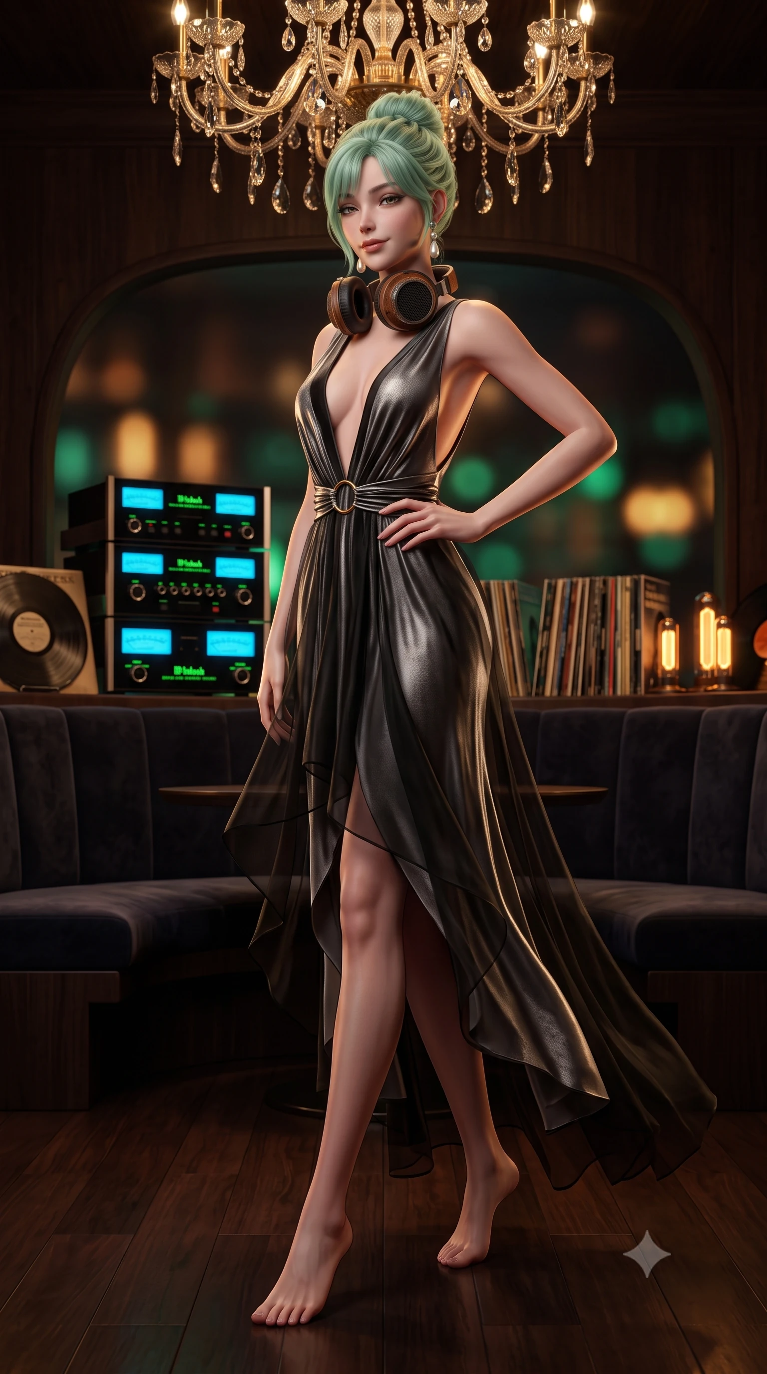 score_9, masterpiece, best quality, ultra-detailed, high-budget anime keyframe, semi-realistic 3D game render, editorial fashion photography, tasteful artistic composition, Japanese woman. low angle full-body shot from head to toe showing her feet, filling the entire 9:16 vertical frame with her statuesque presence, stretching her vertical silhouette. pausing mid-stride beneath the grand chandelier with one hand resting on her narrow waist, her arched hips and statuesque 8.5-heads presence commanding the 9:16 vertical frame while sitting nestled in a dark velvet curved booth with vintage oversized headphones resting on her neck, arching her back with a tantalizing smoldering smile. The composition keeps background elements in soft focus with dreamy creamy bokeh. glowing green McIntosh amplifier dials, rows of vintage vinyl record sleeves, and amber tube lights blurred into warm emerald, amber, and charcoal bokeh. She has an exceptionally tall and slender model-like 8.5-heads proportion, an ultra-slim waist, a flat toned midriff, narrow delicate ribcage, and beautifully sculpted feminine hips creating a graceful, slim hourglass silhouette without any bulky heaviness, with impossibly long slender legs. sharp v-shaped jawline, high-bridge nose, intricate jewel-like dark sparkling eyes with dangerous depth, thick curled eyelashes, glossy parted lips with a rich wine sheen, smoldering seductive half-smile with bedroom-eyes, exuding effortless superiority and intoxicating dark allure, flawlessly proportioned anatomical accuracy, strict slender model proportions, natural body alignment, perfectly sculpted long slender limbs, ultra-slim waistline, clean dynamic posture without body distortion. wearing a deep plunging-V silk jersey evening gown with an open back scoop and waist-cinching gold ring in shimmering pewter and noir velvet black, crafted from layered gossamer black organza with weightless, smoky flutter, accented with a single dangling baroque pearl earring reflecting the amber glow, the form-contouring cut accentuating her sculpted flat midriff, narrow delicate ribcage, and gracefully curvy hips with sovereign high-fashion precision. bathed in moody warm tube amplifier amber glow and dark walnut ambient bounce. highly saturated vibrant anime colors, detailed shading with soft gradients, rich glossy textures, high-contrast stereoscopic depth, volumetric dynamic lighting, master piece, 9:16 ratio