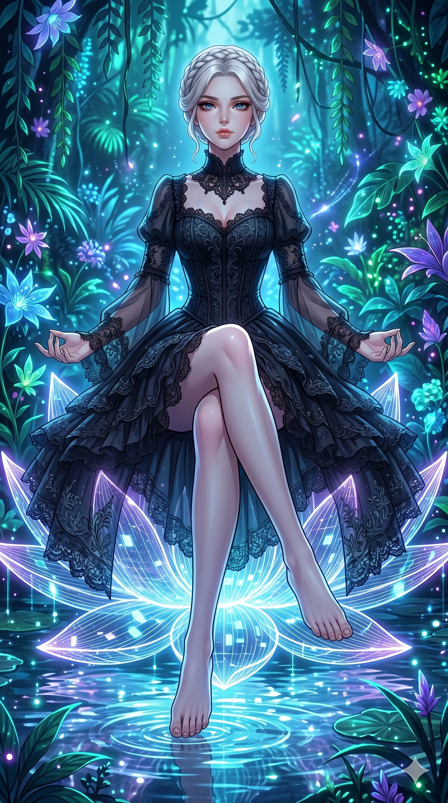 score_9, masterpiece, best quality, ultra-detailed, High-budget Anime Keyframe, vibrant colors, fluid line-art, expressive lighting, cinematic composition, Ufotable-style visual effects, top-tier animation quality, Japanese woman with delicate and elegant anime-inspired features. Low angle cowboy shot filling the entire 9:16 frame with her statuesque presence, looking up to emphasize her height. Meditating atop a massive digital lotus blossom that floats on a pond of liquid light. She has an absolutely perfect 8-heads proportion, an exceptionally tall and slender female figure with impossibly long slender legs and an ultra-slim waist, her statuesque height and towering silhouette dominating the vertical 9:16 frame. Her face is a masterpiece featuring a sharp v-shaped jawline, high-bridge nose, intricate jewel-like eyes with depth, thick eyelashes, and glossy lips with a natural sheen. She is wearing a Ornate gothic lolita dress with layers of black lace, corset-style gown with flowing bell sleeves, and sheer fabric transparency.. The scene is set in a bioluminescent jungle where every leaf and flower glows with a unique frequency. 2k, ultra detail, master piece, 9:16 ratio