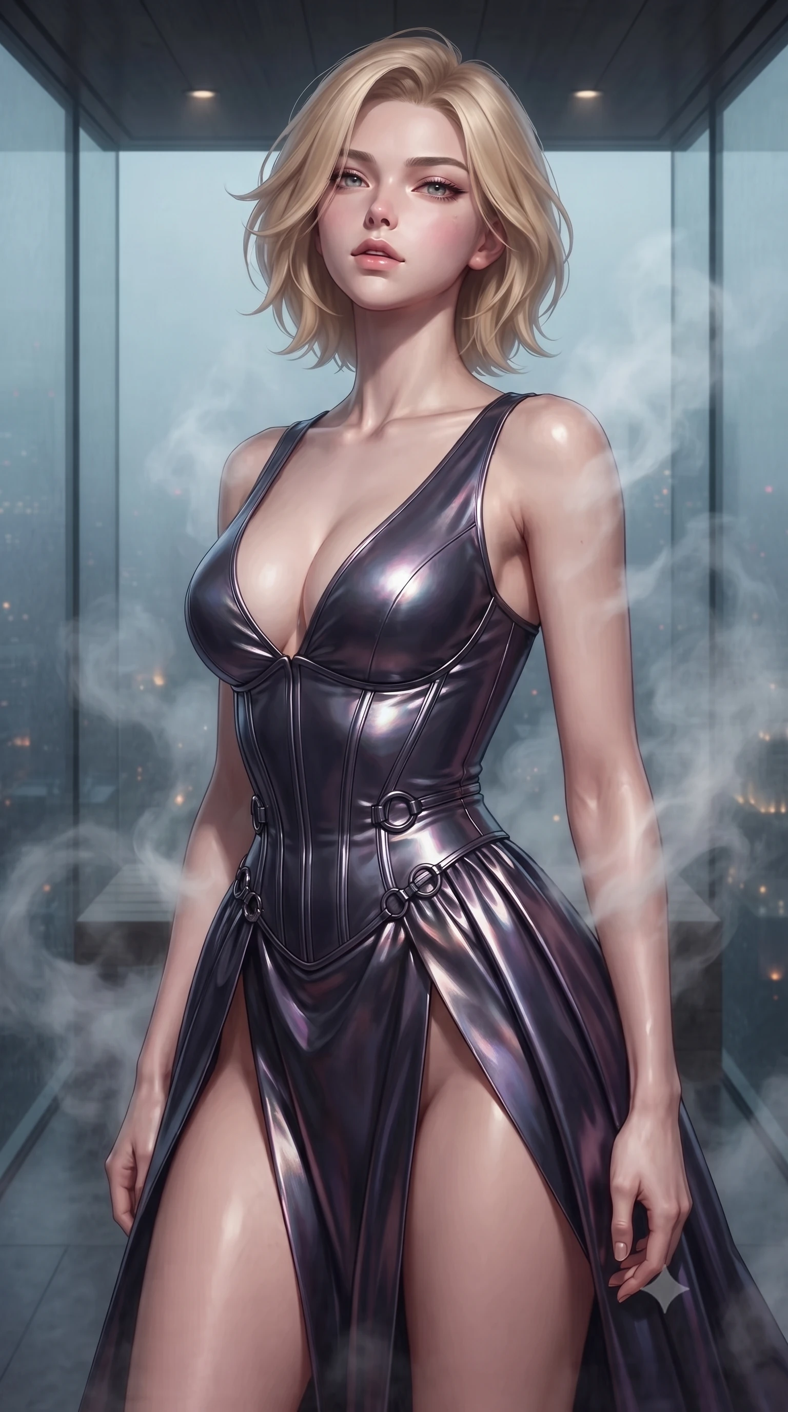 score_9, masterpiece, best quality, ultra-detailed, high-budget anime keyframe, editorial fashion photography, tasteful artistic composition, Caucasian woman. close-up cowboy shot from the waist and thighs up, the character dominates the composition, filling the frame with her large presence, background elements kept in soft focus. Tilting her chin up slightly with lips parted in a composed, magnetic expression, inside a private minimalist glass sauna overlooking a misty 3 AM city skyline, soft swirling steam clouds creating painterly ethereal shadows around her form. She has an exceptionally elegant, slender, and willowy female figure with an ultra-slim waist, a gracefully sculpted slender torso, and a refined silhouette. sharp v-shaped jawline, high-bridge nose, intricate jewel-like eyes with depth, thick eyelashes, glossy lips with a natural sheen. wearing low-cut gothic structured bodice gown with high leg slit in metallic dark silver, made of iridescent dark violet taffeta, trimmed with dark chrome ring hardware along the waist contours, following her slender form with tailored precision. surrounded by a moody, intimate glow with sharp specular skin highlights. ultra-reflective glossy finish, specular highlights, metallic sheen, high-contrast stereoscopic depth, volumetric dynamic lighting, 2k, ultra detail, master piece, 9:16 ratio