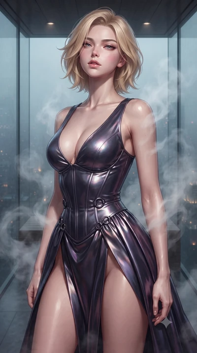score_9, masterpiece, best quality, ultra-detailed, high-budget anime keyframe, editorial fashion photography, tasteful artistic composition, Caucasian woman. close-up cowboy shot from the waist and thighs up, the character dominates the composition,