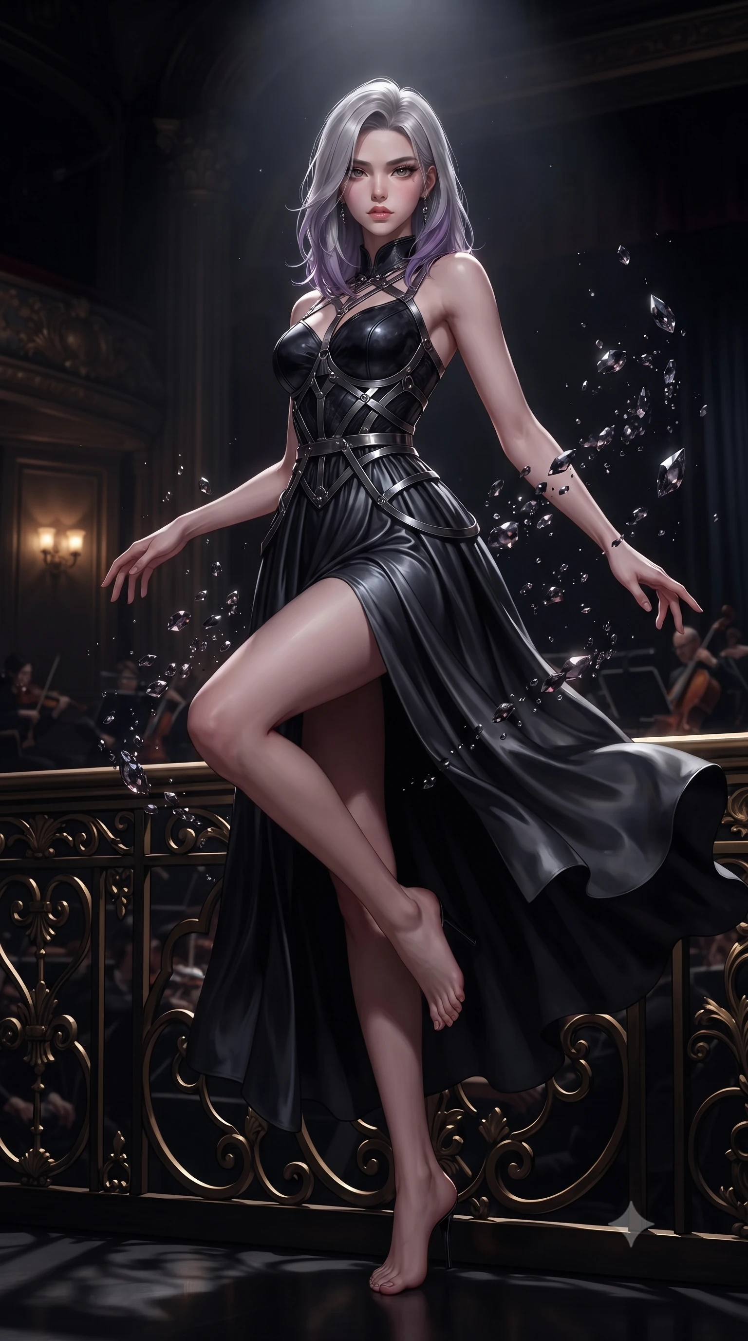 score_9, masterpiece, best quality, ultra-detailed, high-budget anime keyframe, editorial fashion photography, tasteful artistic composition, Caucasian woman. low angle full-body shot from head to toe showing her feet, filling the entire 9:16 vertical frame with her statuesque presence, stretching her vertical silhouette. interacting with floating dark crystal particles, her long slender legs poised in motion, resting against a dark gilded railing overlooking a shadowy orchestral pit, subtle amber wall sconce glow casting warm edge lighting. She has an absolutely perfect, statuesque 8.5-heads proportion, an exceptionally tall and slender model-like female figure with impossibly long slender legs and an ultra-slim waist. sharp v-shaped jawline, high-bridge nose, intricate jewel-like eyes with depth, thick eyelashes, glossy lips with a natural sheen. wearing modern fusion dark hanbok dress with structured obsidian bodice in smoky pitch black, made of liquid dark mercury jersey, highlighted by a gunmetal metallic harness structure, the fitted fabric emphasizing her ultra-slim waist. illuminated by a single brilliant theatrical key light emerging from dark opera shadows. highly saturated vibrant anime colors, detailed shading with soft gradients, rich glossy textures, high-contrast stereoscopic depth, volumetric dynamic lighting, master piece, 9:16 ratio