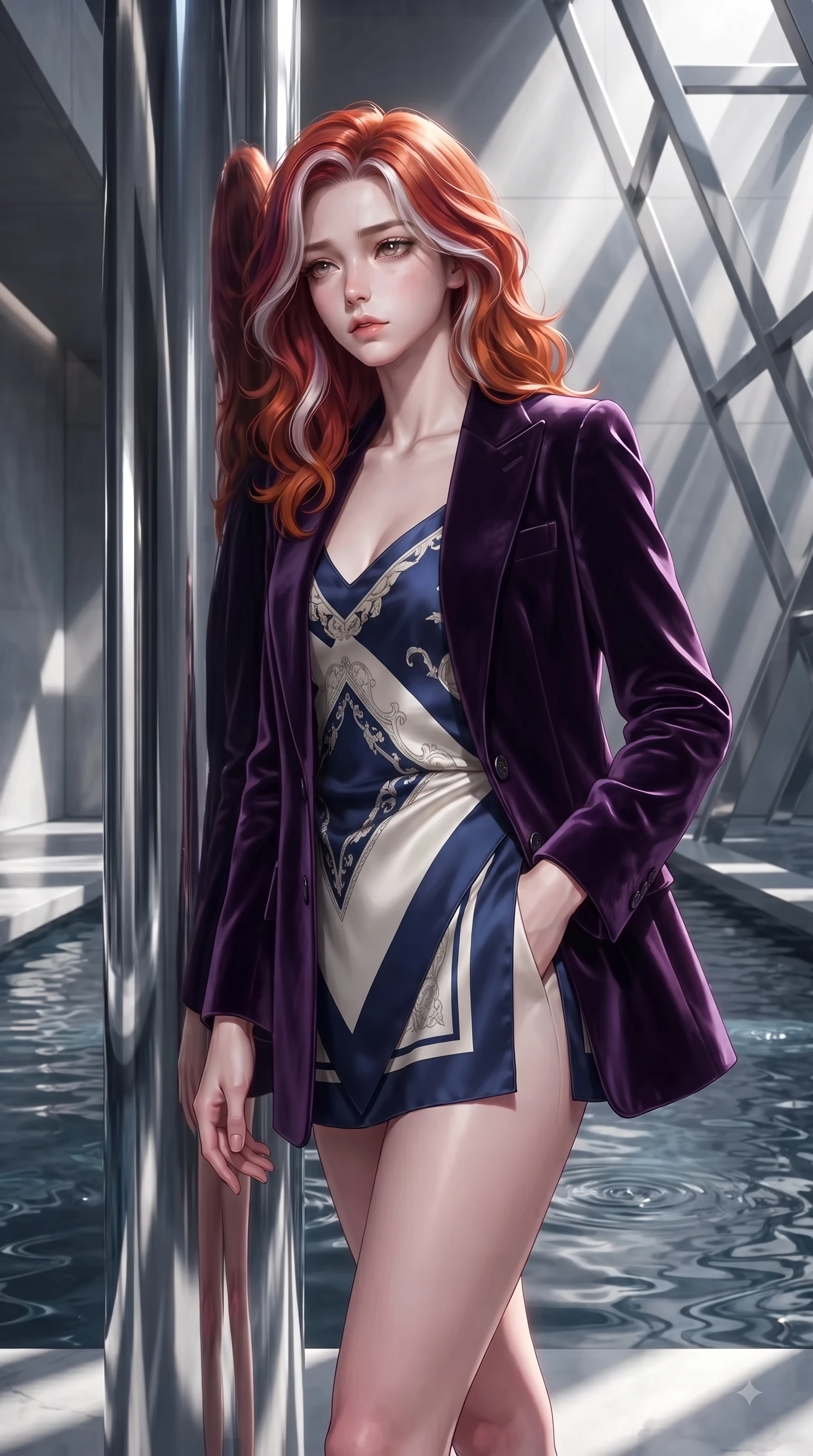 score_9, masterpiece, best quality, ultra-detailed, high-budget anime keyframe, editorial fashion photography, tasteful artistic composition, Caucasian woman. close-up cowboy shot from the waist and thighs up, the character dominates the composition, filling the frame with her large presence. Wistful sorrowful gaze looking distant with a delicate melancholy and emotional depth in her eyes while resting against a polished chrome pillar framing her sleek fashion contour. The surrounding environment is rendered in vivid detail and crisp panoramic clarity. dramatic architectural light beams, reflecting pool ripples, and sharp structural framing in high clarity. She has an exceptionally elegant, slender, and willowy female figure with an ultra-slim waist, a gracefully sculpted slender torso, and a refined silhouette. sharp v-shaped jawline, high-bridge nose, intricate jewel-like eyes with depth, thick eyelashes, glossy lips with a natural sheen, flawlessly proportioned anatomical accuracy, natural body alignment, perfectly sculpted elegant limbs, clean dynamic posture without body distortion. wearing a deep amethyst purple velvet blazer over a silky champagne camisole in royal navy blue and pure ivory, tailored from crisp high-density cotton poplin, finished with a sleek side slit ascending to mid-thigh, the form-contouring material accentuating her ultra-slim waist and long lines. surrounded by a high-end, luxury architectural fashion aesthetic. ultra-reflective glossy finish, specular highlights, metallic sheen, high-contrast stereoscopic depth, volumetric dynamic lighting, 2k, ultra detail, master piece, 9:16 ratio