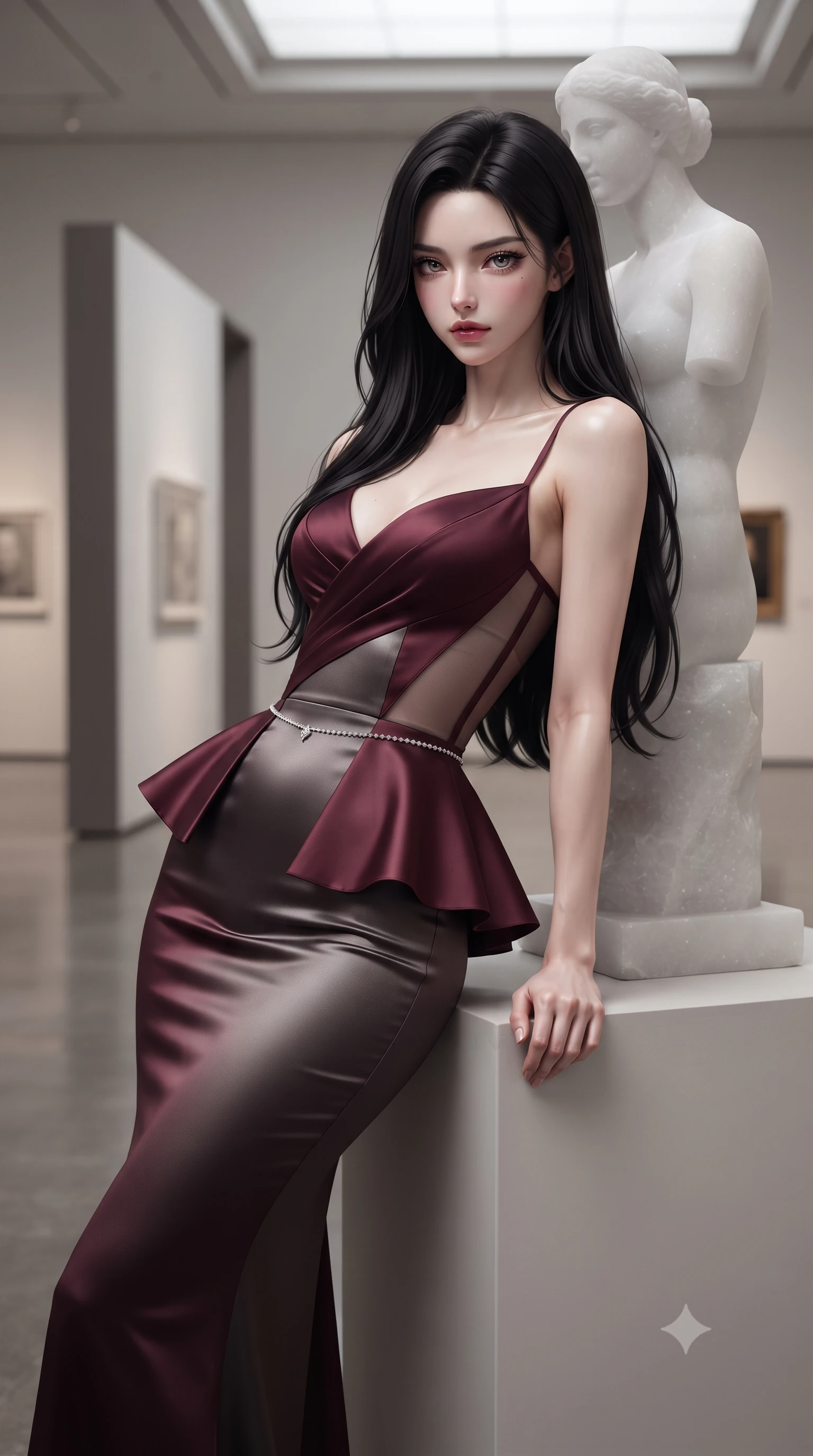 score_9, masterpiece, best quality, ultra-detailed, high-budget anime keyframe, editorial fashion photography, tasteful artistic composition, Korean woman. close-up cowboy shot from the waist and thighs up, the character dominates the composition, filling the frame with her large presence. leaning back with relaxed seductive grace, her sculpted collarbones and narrow waist highlighted as she casts smoldering bedroom-eyes directly into the camera while leaning back against the pedestal of a minimalist marble sculpture with hips cocked, casting a cool, intellectual, and smoldering gaze at the camera. The composition keeps background elements in soft focus with creamy bokeh. high-ceiling gallery partition walls and polished epoxy floors softened in artistic shallow focus. She has an exceptionally elegant, slender, and willowy female figure with an ultra-slim waist, flat toned midriff, narrow ribcage, and sculpted feminine hips creating an alluring, slim hourglass silhouette without bulk. sharp v-shaped jawline, high-bridge nose, intricate jewel-like eyes with depth, thick eyelashes, glossy parted lips with a natural sheen, intensely captivating and seductive bedroom-eyes expression, flawlessly proportioned anatomical accuracy, strict slender model proportions, natural body alignment, perfectly sculpted long slender limbs, ultra-slim waistline, clean dynamic posture without body distortion. wearing a structural geometric peplum gown with sheer side-ribbon cutouts and form-fitting skirt in deep wine burgundy and brushed dark platinum, made of fluid silk crepe with delicate inner corsetry boning, accented with a dainty diamond waist chain catching the ambient light reflections, the form-contouring material adhering flawlessly to her sculpted flat midriff and slender torso, emphasizing her long leg lines and perfectly proportioned willowy build. illuminated by sharp linear edge highlights defining her sculpted collarbones, ultra-slim waist, and curvy hips. ultra-reflective glossy finish, specular highlights, rich textural contrasts, high-contrast stereoscopic depth, volumetric dynamic lighting, 2k, ultra detail, master piece, 9:16 ratio