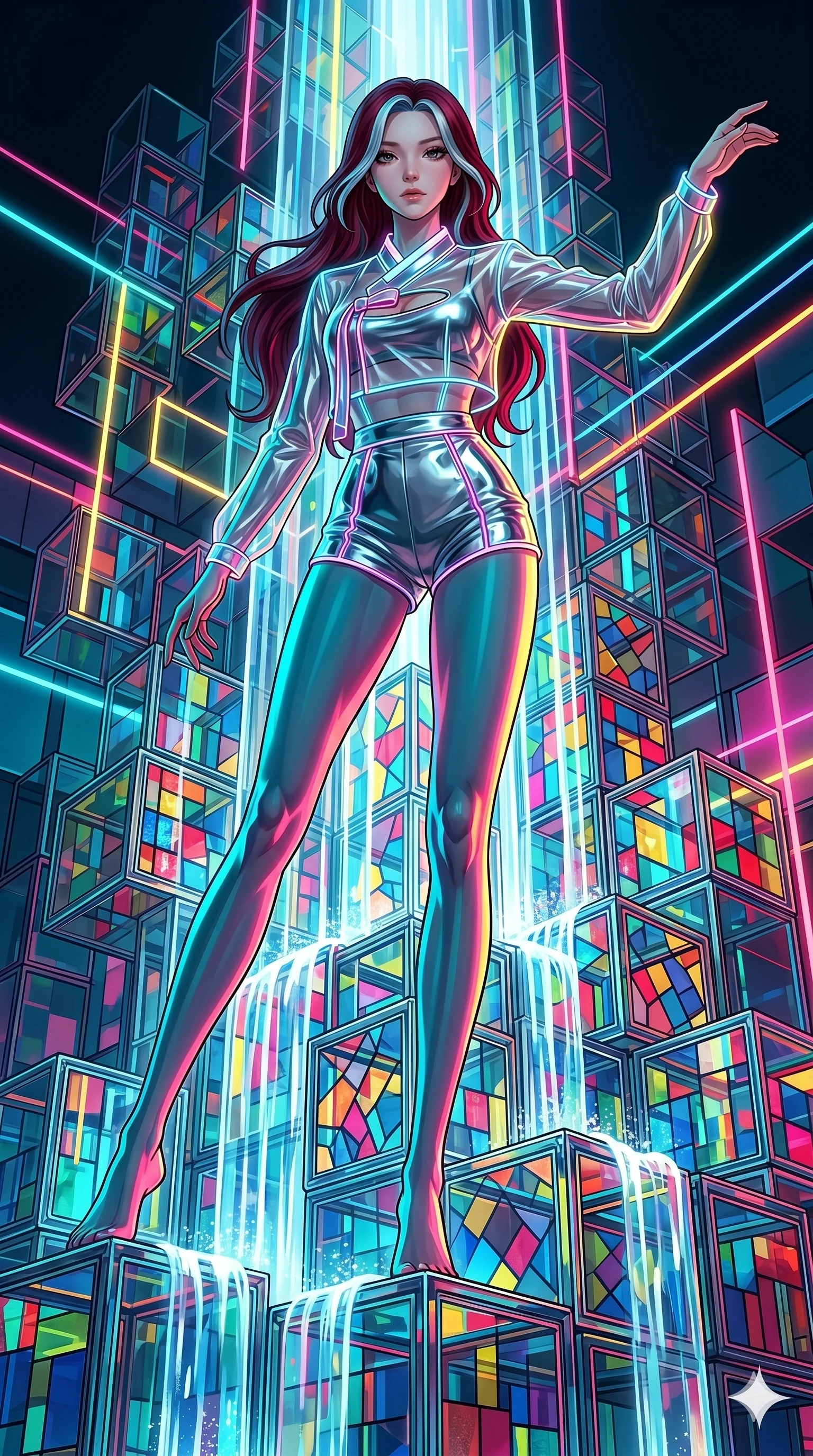 score_9, masterpiece, best quality, ultra-detailed, high-budget anime keyframe, Caucasian woman, strictly human ears. low angle full-body shot filling the entire 9:16 frame with her statuesque presence, stretching the vertical silhouette. balancing on cubist glass blocks that cascade like a waterfall, reflecting complex mosaic patterns and primary colors. She has an absolutely perfect 8-heads proportion, an exceptionally tall and slender female figure with impossibly long slender legs and an ultra-slim waist. V-shaped jawline, high-bridge nose, intricate jewel-like eyes with depth, thick eyelashes, glossy lips with a natural sheen.. wearing a vinyl liquid mercury fusion hanbok, featuring a translucent chrome-silver vinyl jeogori and high-waist micro-shorts, detailed with glowing neon wire trims and a tasteful chest slit. accented by dynamic color-blocked lighting with high-contrast shadows emphasizing her statuesque height. 2k, ultra detail, master piece, 9:16 ratio