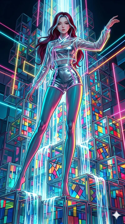 score_9, masterpiece, best quality, ultra-detailed, high-budget anime keyframe, Caucasian woman, strictly human ears. low angle full-body shot filling the entire 9:16 frame with her statuesque presence, stretching the vertical silhouette. balancing o