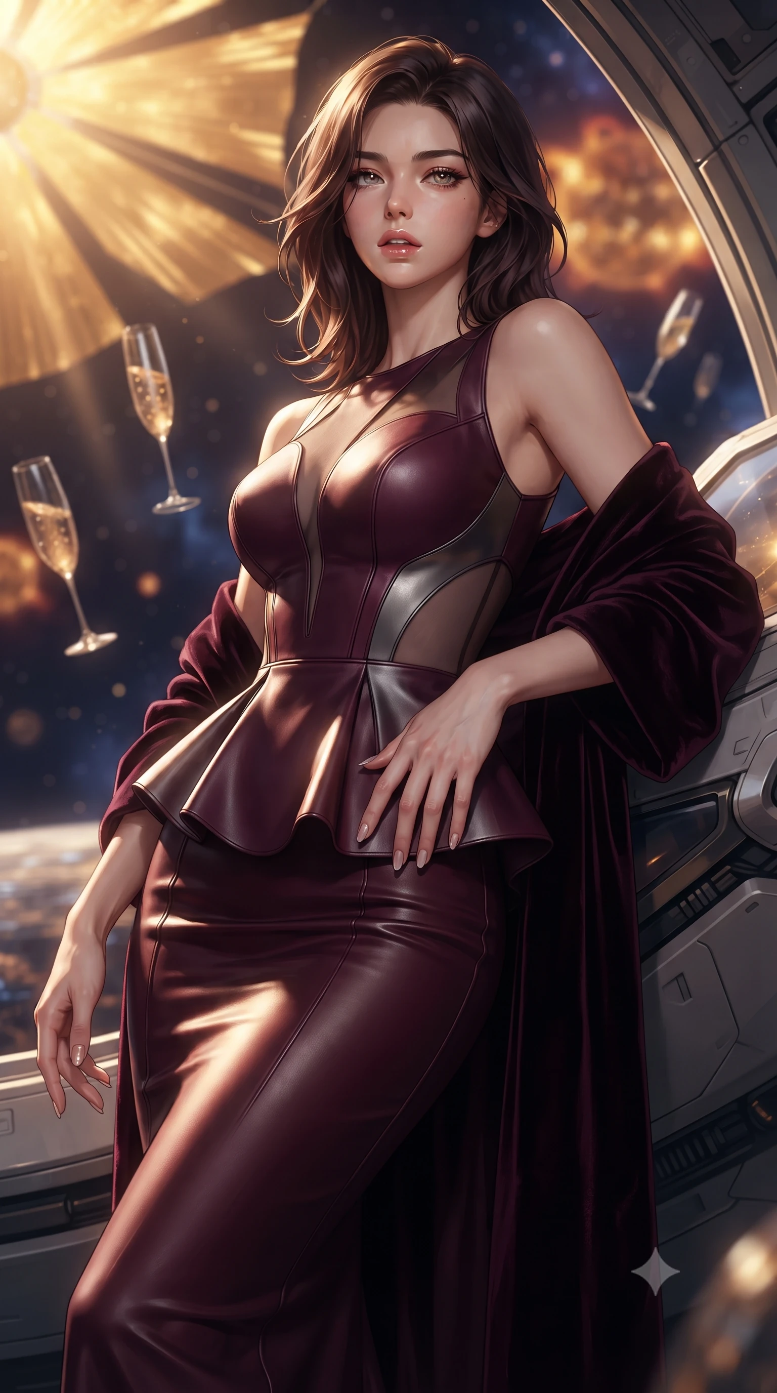 score_9, masterpiece, best quality, ultra-detailed, high-budget anime keyframe, editorial fashion photography, tasteful artistic composition, Korean woman. close-up cowboy shot from the waist and thighs up, the character dominates the composition, filling the frame with her large presence. resting one manicured hand delicately on her hip bone, her upper body turning in a fluid, seductive S-curve while parted lips glisten in the light while leaning back against the quartz-glass sun-shield with hips cocked, casting an alluring, sovereign bedroom-gaze past floating zero-gravity crystal flutes. The composition keeps background elements in soft focus with creamy bokeh. billowing micro-thin golden solar sails and distant solar prominences blurred into shimmering amber, molten gold, and deep cosmic indigo bokeh. She has an exceptionally elegant, slender, and willowy female figure with an ultra-slim waist, flat toned midriff, narrow ribcage, and sculpted feminine hips creating an alluring, slim hourglass silhouette without bulk. sharp v-shaped jawline, high-bridge nose, intricate jewel-like eyes with depth, thick eyelashes, glossy parted lips with a natural sheen, intensely captivating and seductive bedroom-eyes expression, flawlessly proportioned anatomical accuracy, strict slender model proportions, natural body alignment, perfectly sculpted long slender limbs, ultra-slim waistline, clean dynamic posture without body distortion. wearing a structural geometric peplum gown with sheer side-ribbon cutouts and form-fitting skirt in deep wine burgundy and brushed dark platinum, formed from supple second-skin lambskin leather with specular sheen, complemented by a plush velvet shawl draped loosely over her elbows, the form-contouring material adhering flawlessly to her sculpted flat midriff and slender torso, emphasizing her long leg lines and perfectly proportioned willowy build. bathed in glorious molten golden solar radiation backlighting filtered through high-tech polarized glass. ultra-reflective glossy finish, specular highlights, rich textural contrasts, high-contrast stereoscopic depth, volumetric dynamic lighting, 2k, ultra detail, master piece, 9:16 ratio