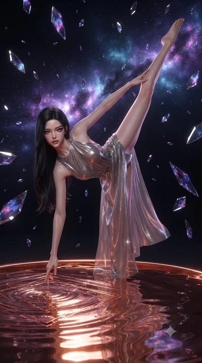 score_9, masterpiece, best quality, ultra-detailed, High-budget Anime Keyframe, editorial fashion photography, tasteful artistic composition, realistic cosplay photography, East Asian woman. Dynamic full-body shot stretching the vertical silhouette t