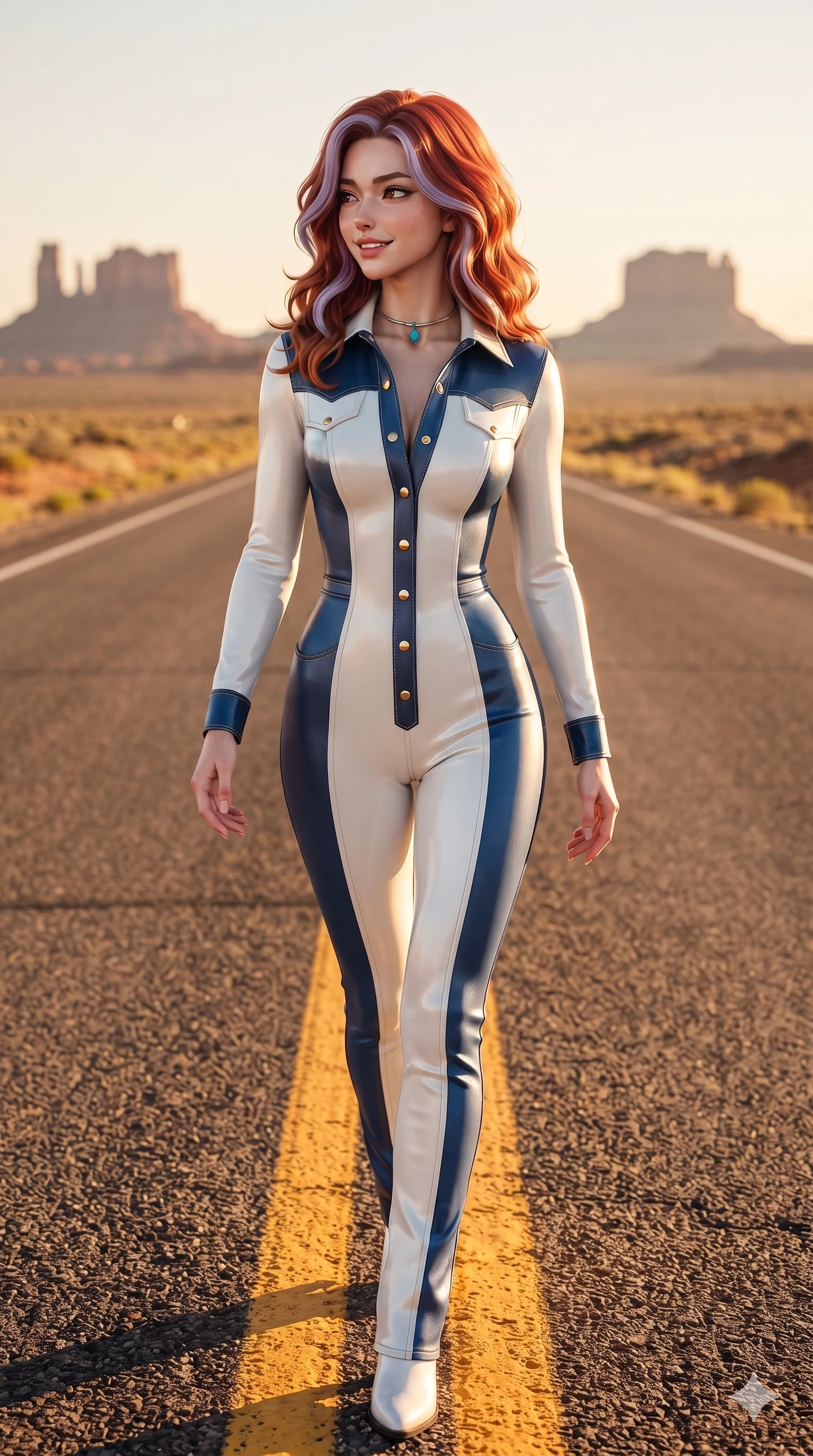 score_9, masterpiece, best quality, ultra-detailed, high-budget anime keyframe, editorial fashion photography, tasteful artistic composition, Caucasian woman. close-up cowboy shot from the waist and thighs up, the character dominates the composition, filling the frame with her large presence. tilting her head with a teasing half-smile, running one hand slowly down the side of her hip in a flirtatious S-curve as ambient light caresses her silhouette while striding confidently down the center yellow stripe of the endless desert highway, looking back over her shoulder with an air of effortless grace and an alluring, smoldering smile. The surrounding environment is rendered in vivid detail and crisp panoramic clarity: sharp painted yellow asphalt center lines, coarse aggregate road surface texture, and crisp distant butte silhouettes in deep focus. She has an exceptionally elegant, slender, and willowy female figure with an ultra-slim waist, flat toned midriff, narrow ribcage, and sculpted feminine hips creating an alluring, slim hourglass silhouette without bulk. sharp v-shaped jawline, high-bridge nose, sparkling eyes with hypnotic seductive depth, thick curled eyelashes, glossy parted lips with a natural dewy peach sheen, alluring bedroom-eyes with an enchanting coquettish smile, exuding magnetic siren charisma and sophisticated glamour, flawlessly proportioned anatomical accuracy, strict slender model proportions, natural body alignment, perfectly sculpted long slender limbs, ultra-slim waistline, clean dynamic posture without body distortion. wearing a bespoke tailored denim jumpsuit with structured collar and polished western pearl snap buttons in high-contrast coastal monochrome with gold hardware, tailored from second-skin technical compression neoprene with athletic curve-sculpting stretch, finished with a minimalist chrome choker and a single turquoise stone pendant, the bespoke structured tailoring following the natural line of her 8.5-heads silhouette with refined elegance. bathed in the breathtaking, warm 2700K golden afternoon sunlight stretching long dramatic shadows across the blacktop. ultra-reflective glossy finish, specular highlights, rich textural contrasts, high-contrast stereoscopic depth, volumetric dynamic lighting, 2k, ultra detail, master piece, 9:16 ratio