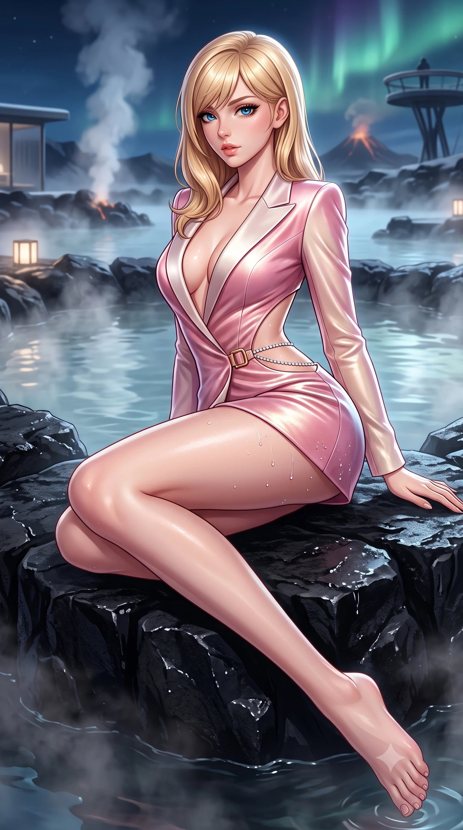 score_9, masterpiece, best quality, ultra-detailed, high-budget anime keyframe, semi-realistic 3D game render, editorial fashion photography, tasteful artistic composition, Caucasian woman. low angle full-body shot from head to toe showing her feet, filling the entire 9:16 vertical frame with her statuesque presence, stretching her vertical silhouette. reclining on her side in an elegant Cleopatra pose with one knee drawn up, the dramatic contour of her rounded hips and long slender legs commanding the 9:16 vertical frame while sitting on the black basalt rock rim of the steaming geothermal lagoon, water droplets beading on her hip as she glances back with parted lips. The surrounding environment is rendered in vivid detail and crisp panoramic clarity. atmospheric nocturnal geothermal chiaroscuro and otherworldly Arctic wellness sanctuary aesthetics in precision. She has an exceptionally tall and slender model-like 8.5-heads proportion, an ultra-slim waist, a flat toned midriff, narrow delicate ribcage, and beautifully sculpted feminine hips creating a graceful, slim hourglass silhouette without any bulky heaviness, with impossibly long slender legs. sharp v-shaped jawline, high-bridge nose, intricate jewel-like eyes with depth, thick eyelashes, glossy parted lips with a natural sheen, intensely captivating and seductive bedroom-eyes expression, flawlessly proportioned anatomical accuracy, strict slender model proportions, natural body alignment, perfectly sculpted long slender limbs, ultra-slim waistline, clean dynamic posture without body distortion. wearing a tailored velvet tuxedo jacket dress with satin lapels, worn with a deep plunge neckline and gold hip buckle in sakura blossom pink and warm ivory, crafted from luxurious metallic lamé that shifts radiance with every step, accented with a dainty diamond waist chain catching the ambient light reflections, the precision-cut side openings and low-back scoop framing her graceful spine and the sensual sweep of her slim, toned hips. surrounded by an otherworldly, serene, and deeply sensual Arctic geothermal nymph aura. highly saturated vibrant anime colors, detailed shading with soft gradients, rich glossy textures, high-contrast stereoscopic depth, volumetric dynamic lighting, master piece, 9:16 ratio
