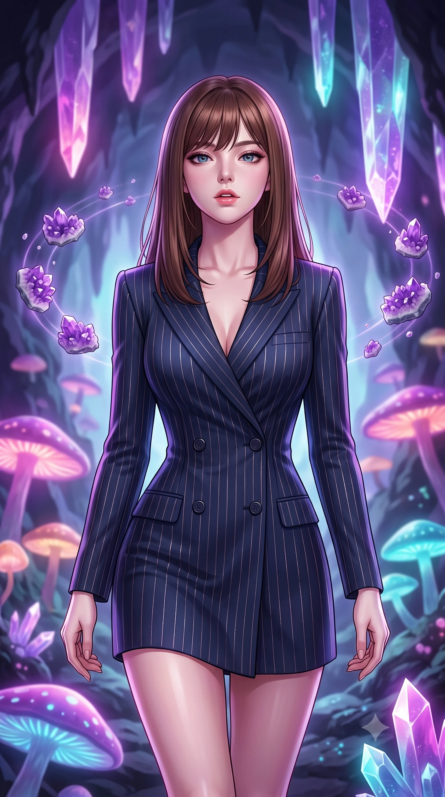 score_9, masterpiece, best quality, ultra-detailed, high-budget anime keyframe, editorial fashion photography, tasteful artistic composition, Korean woman. close-up cowboy shot from the waist and thighs up, the character dominates the composition, filling the frame with her large presence, background elements kept in soft focus. Tilting her chin up slightly with lips parted in a magnetic, composed expression navigating a cavern filled with bioluminescent fungi and crystalline stalactites, floating amethyst clusters drifting in smooth circular orbits. She has an exceptionally elegant, slender, and willowy female figure with an ultra-slim waist, a gracefully sculpted slender torso, and a refined silhouette. sharp v-shaped jawline, high-bridge nose, intricate jewel-like eyes with depth, thick eyelashes, glossy lips with a natural sheen. wearing a tailored double-breasted blazer dress in navy with subtle metallic pin-stripes, the elegant draped fit framing her graceful clavicle and slender torso. illuminated by radiant purple, magenta, and cyan crystal inner glow. highly saturated vibrant anime colors, detailed shading with soft gradients, rich glossy textures, high-contrast stereoscopic depth, volumetric dynamic lighting, master piece, 9:16 ratio