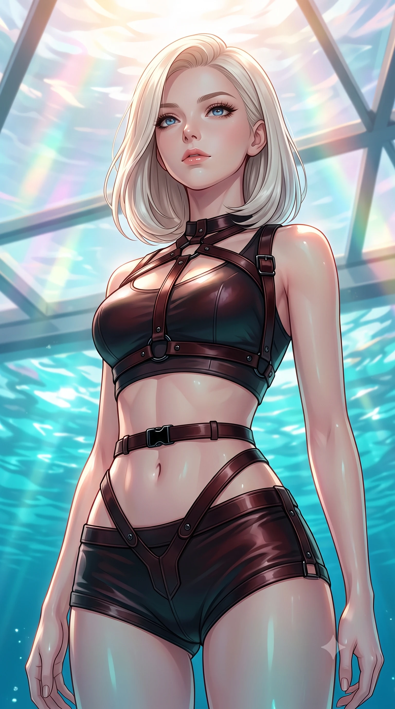 score_9, masterpiece, best quality, ultra-detailed, high-budget anime keyframe, editorial fashion photography, tasteful artistic composition, Caucasian woman. close-up cowboy shot from the waist and thighs up, the character dominates the composition, filling the frame with her large presence, background elements kept in soft focus. Casting a slow, direct gaze beneath heavy lashes with quiet intensity, looking up at the sunlit water surface with a calm, serene expression, glass ceiling reflecting bright ocean light in soft-focus pastel spectrums. She has an exceptionally elegant, slender, and willowy female figure with an ultra-slim waist, a gracefully sculpted slender torso, and a refined silhouette. sharp v-shaped jawline, high-bridge nose, intricate jewel-like eyes with depth, thick eyelashes, glossy lips with a natural sheen. wearing high-cut micro-shorts and crop top set with dark leather harness in dark mahogany, made of polished black leather, adorned with minimalist black onyx hardware framing the silhouette, sculpting her athletic slender build with refined precision. bathed in shimmering aqua reflections and warm top sunlight. highly saturated vibrant anime colors, detailed shading with soft gradients, rich glossy textures, high-contrast stereoscopic depth, volumetric dynamic lighting, master piece, 9:16 ratio