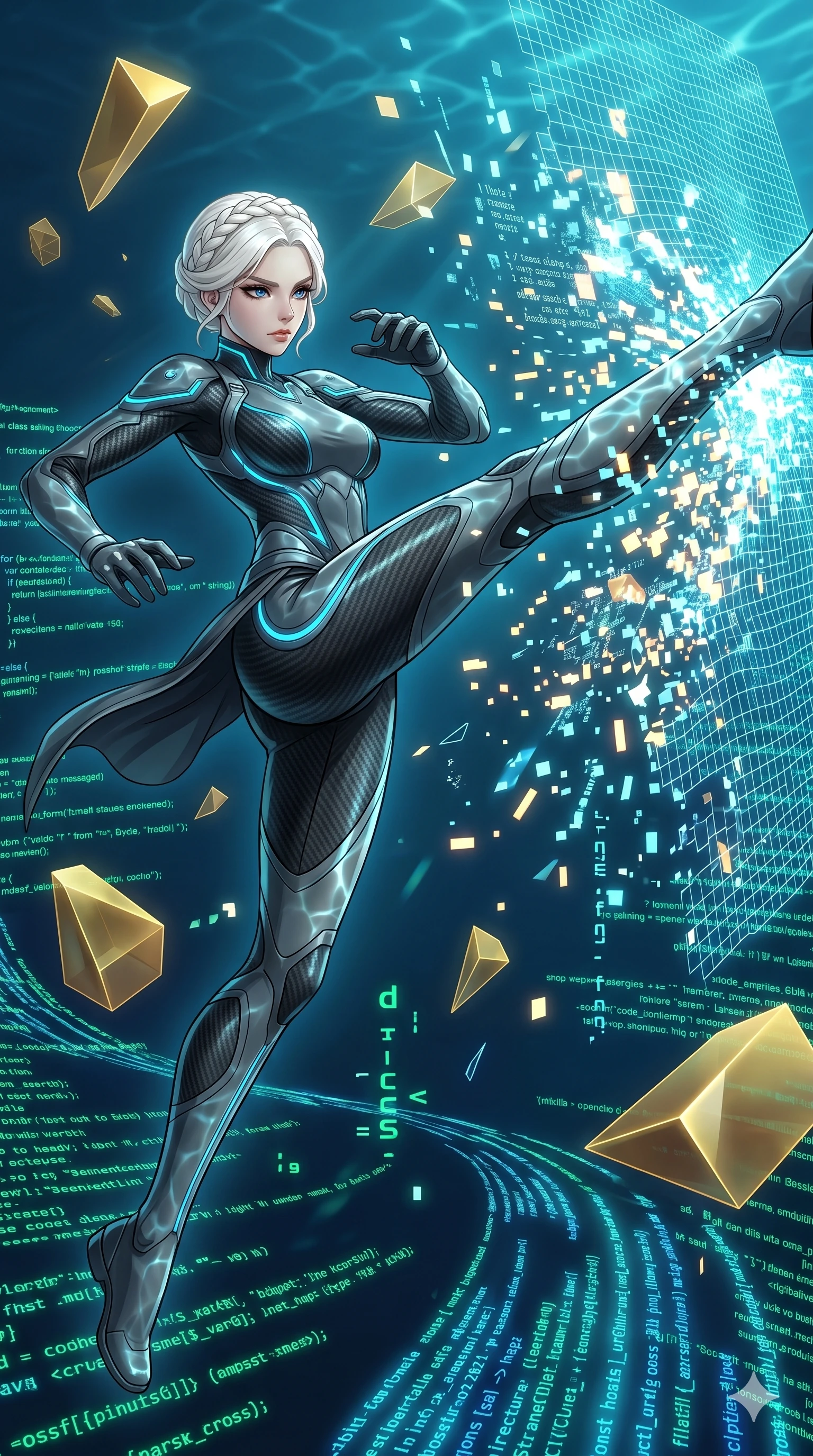score_9, masterpiece, best quality, ultra-detailed, High-budget Anime Keyframe, vibrant colors, fluid line-art, expressive lighting, cinematic composition, Ufotable-style visual effects, top-tier animation quality, Caucasian woman with pale skin, blonde hair, and (strictly human ears). Dynamic full-body shot stretching the vertical silhouette, capturing her from a powerful low-angle perspective. Kicking through a high-security holographic barrier, the digital mesh shattering into thousands of glowing pixels. She has an well-proportioned figure, an tall and elegant figure with elegant legs and an graceful posture, her statuesque height and towering silhouette dominating the vertical 9:16 frame. Her face is a masterpiece featuring a sharp v-shaped jawline, high-bridge nose, intricate jewel-like eyes with depth, thick eyelashes, and glossy lips with a natural sheen. She is wearing a Futuristic pilot suit with an fitted waist and a high-cut structural frame crafted from Carbon-fiber weave with a high-tech matte finish and integrated glowing filaments, with elegant fabric draping over her form and a streamlined silhouette. The scene is set in an abstract digital void with floating golden geometric shapes and rivers of flowing code, illuminated by underwater caustic lighting with ripples of light dancing across her body. 2k, ultra detail, master piece, 9:16 ratio