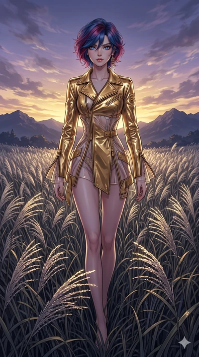 score_9, masterpiece, best quality, ultra-detailed, High-budget Anime Keyframe, East Asian woman. Dynamic full-body shot stretching the vertical silhouette to the limit. Scenario 278: Walking through a field of tall silver grass at twilight. Her pres