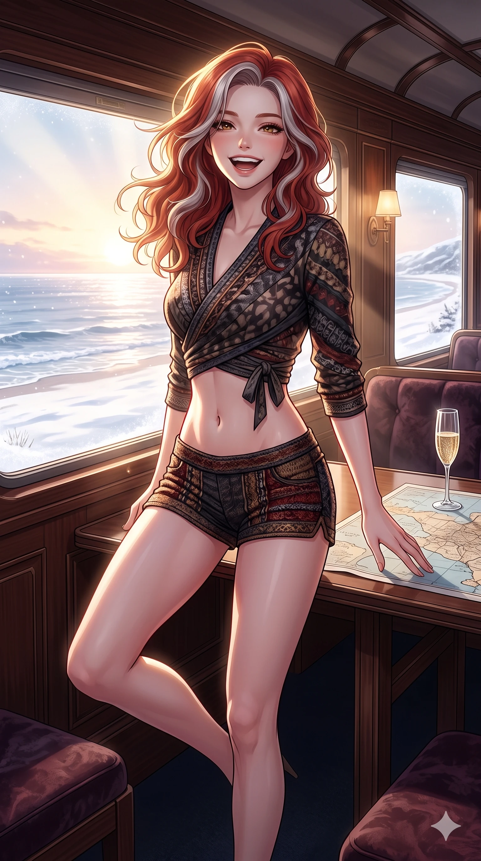 score_9, masterpiece, best quality, ultra-detailed, high-budget anime keyframe, vibrant anime aesthetic, Caucasian woman, strictly human ears. cowboy shot from the thighs up, character and outfit filling the frame for maximum presence. She is posing with a cheerful winter laugh, looking directly into the lens with warm eyes inside a luxury train lounge car showing a snowy coast (Code-P21-078). She has an absolutely perfect 8-heads proportion, an exceptionally tall and slender female figure with impossibly long slender legs and an ultra-slim waist. V-shaped jawline, high-bridge nose, intricate jewel-like eyes with depth, thick eyelashes, glossy lips with a natural sheen. wearing a wrap top exposing her bare midriff and micro-shorts in the chalet. She is dramatic volumetric lighting from the rising winter sun, accentuating her statuesque silhouette. 2k, ultra detail, master piece, 9:16 ratio