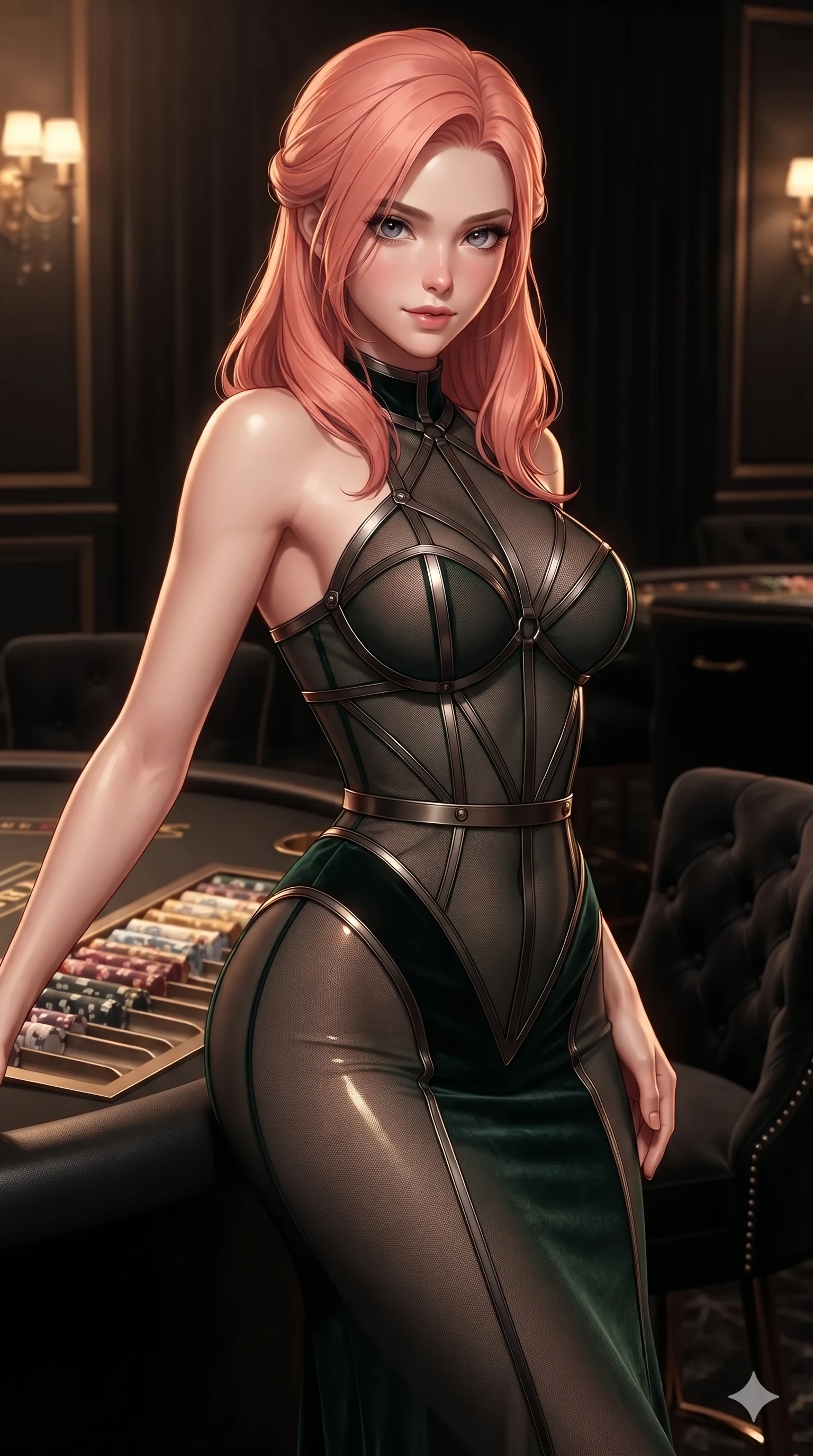 score_9, masterpiece, best quality, ultra-detailed, high-budget anime keyframe, editorial fashion photography, tasteful artistic composition, Japanese woman. close-up cowboy shot from the waist and thighs up, the character dominates the composition, filling the frame with her large presence. twisting her slender torso in a deep contrapposto stance, hips dramatically shifted to accentuate her feminine curves while twisting her slender torso in an alluring contrapposto stance beside the titanium chip rack, warm amber pin-spots tracing her flat midriff and hips. The surrounding environment is rendered in vivid detail and crisp panoramic clarity: sharp card shoe titanium mechanisms, mother-of-pearl casino chip inlays, and tufted black velvet salon chairs in deep focus. She has an exceptionally elegant, slender, and willowy female figure with an ultra-slim waist, flat toned midriff, narrow ribcage, and sculpted feminine hips creating an alluring, slim hourglass silhouette without bulk. sharp v-shaped jawline, high-bridge nose, intricate jewel-like dark sparkling eyes with hypnotic seductive depth, thick curled eyelashes, glossy parted lips with a natural wine sheen, alluring bedroom-eyes with an enigmatic smoldering smile, exuding magnetic sovereign charisma and dark avant-garde glamour, flawlessly proportioned anatomical accuracy, strict slender model proportions, natural body alignment, perfectly sculpted long slender limbs, ultra-slim waistline, clean dynamic posture without body distortion. wearing a sheer-illusion mesh corset gown with strategic opaque velvet panels framing her waist and hips in deep velvet forest green and antique brass, crafted from fine dark contouring mesh with sheer geometric transparency, highlighted by a gunmetal metallic harness structure, accentuating her gracefully sculpted slender torso and statuesque proportions. bathed in warm, focused pin-spot lighting over the black gaming tables contrasted with pitch-black intimate lounge shadows. ultra-reflective glossy finish, specular highlights, metallic sheen, high-contrast stereoscopic depth, volumetric dynamic lighting, 2k, ultra detail, master piece, 9:16 ratio