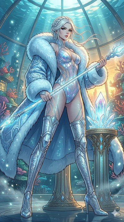 score_9, masterpiece, best quality, ultra-detailed, high-budget anime movie keyframe, cinematic anime lighting, intricate line art, Korean woman. Low angle cowboy shot filling the entire 9:16 frame with her statuesque presence. defending a sacred rel