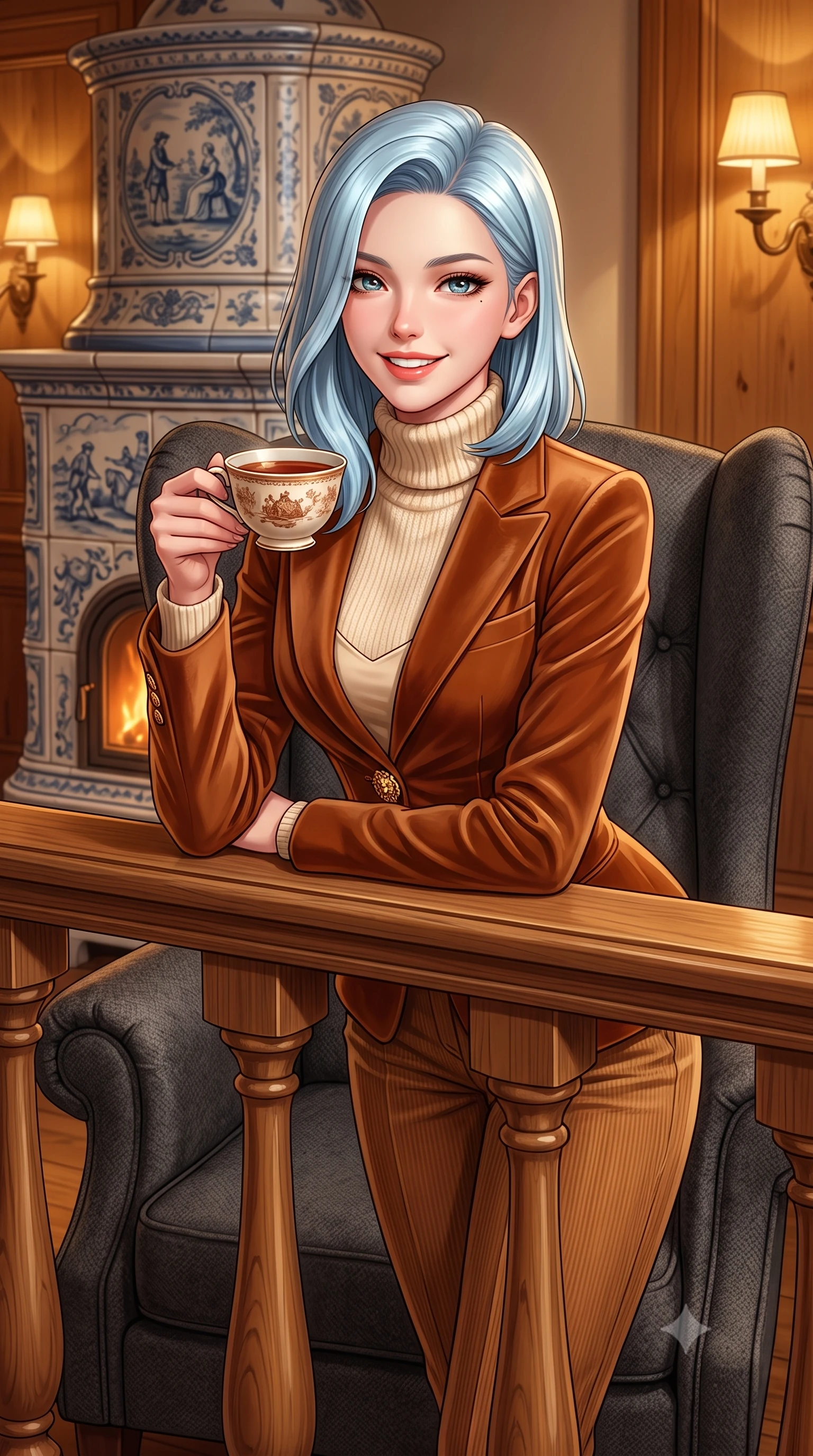 score_9, masterpiece, best quality, ultra-detailed, high-budget anime keyframe, semi-realistic 3D game render, editorial fashion photography, tasteful artistic composition, Korean woman. close-up cowboy shot from the waist and thighs up, the character dominates the composition, filling the frame with her large presence. resting both elbows on the balustrade while leaning forward gracefully, her smile sparkling with youthful cute charm and seductive allure while curled up comfortably in an oversized wool wingback chair beside a traditional ceramic tile stove, smiling warmly with teacup in hand. The surrounding environment is rendered in vivid detail and crisp panoramic clarity: detailed roll-neck cashmere sweater weave, tailored corduroy trouser ribs, and master alpine joinery in high resolution. She has an exceptionally elegant, slender, and willowy female figure with an ultra-slim waist, flat toned midriff, narrow ribcage, and sculpted feminine hips creating an alluring, slim hourglass silhouette without bulk. sharp v-shaped jawline, high-bridge nose, intricate jewel-like sparkling eyes with depth, thick eyelashes, glossy parted lips with a natural peach sheen, bright cheerful beaming smile with an enchanting and coquettish sensual glint, exuding both youthful cute charm and seductive allure, flawlessly proportioned anatomical accuracy, strict slender model proportions, natural body alignment, perfectly sculpted long slender limbs, ultra-slim waistline, clean dynamic posture without body distortion. wearing a tailored corseted velvet blazer jacket worn closed over a tight-fitting silk camisole and sleek tailored cigarette pants in warm winter cinnamon and toasted caramel, crafted from fluid liquid velvet offering rich tactile depth while adhering to her hourglass shape, accented with an ornate 24k gold lion-embossed crest button along the snug front closure, the liquid-tight tailored fabric clinging flawlessly to her narrow waist and rounded feminine hips, emphasizing every millimeter of her sculpted slim hourglass curves without any bulky heaviness. illuminated by honey pine wall reflection bounce and warm buttery rim lights sculpting her features and slender hourglass curves. highly saturated vibrant anime colors, detailed shading with soft gradients, rich glossy textures, high-contrast stereoscopic depth, volumetric dynamic lighting, master piece, 9:16 ratio