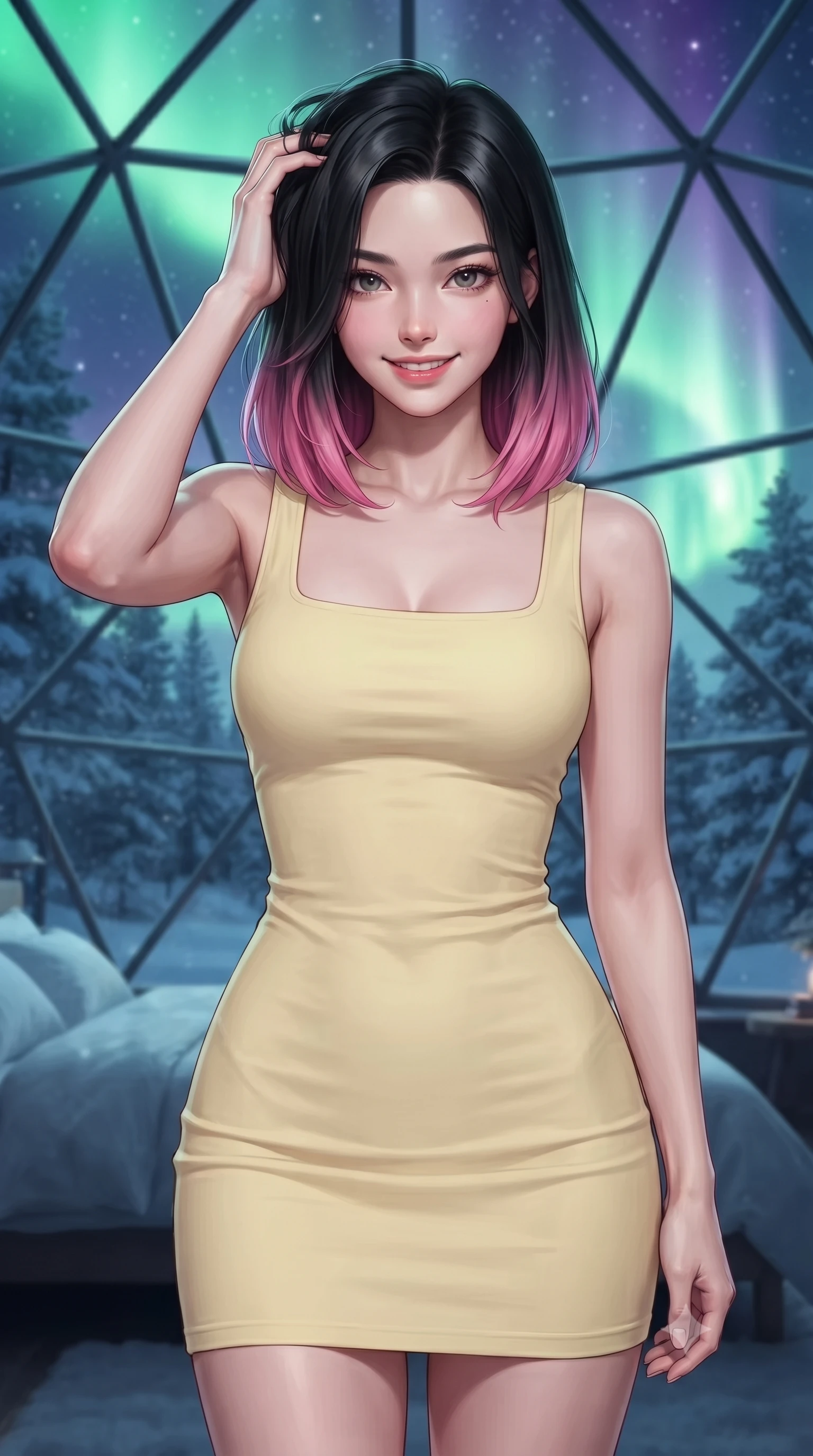 score_9, masterpiece, best quality, ultra-detailed, high-budget anime keyframe, editorial fashion photography, tasteful artistic composition, Korean woman woman. close-up cowboy shot from the waist and thighs up, the character dominates the composition, filling the frame with her large presence, background elements kept in soft focus. smiling with quiet, magnetic self-assurance directly into the camera, running a hand through her hair the background shows a soft-focus a geodesic glass dome bedroom in a snowy forest, looking at stars and aurora. She has an exceptionally elegant, slender, and willowy female figure with an ultra-slim waist, a gracefully sculpted slender torso, and a refined silhouette. sharp v-shaped jawline, high-bridge nose, intricate jewel-like eyes with depth, thick eyelashes, glossy lips with a natural sheen. wearing a body-hugging casual summer sundress in pale yellow cotton with a simple square neckline. soft green and violet aurora polaris curtains wrapping the room in celestial glow. ultra-reflective glossy finish, specular highlights, metallic sheen, high-contrast stereoscopic depth, volumetric dynamic lighting, 2k, ultra detail, master piece, 9:16 ratio