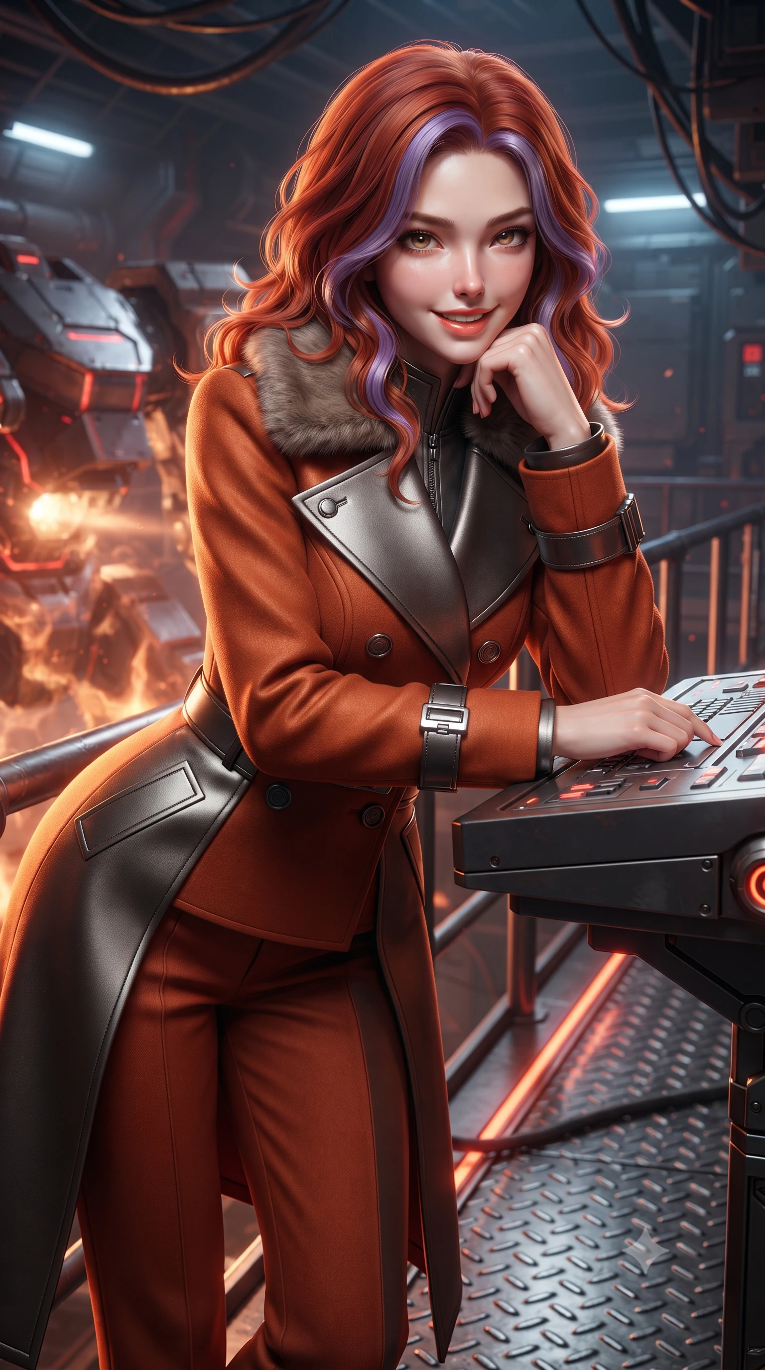 score_9, masterpiece, best quality, ultra-detailed, high-budget anime keyframe, editorial fashion photography, tasteful artistic composition, Caucasian woman. close-up cowboy shot from the waist and thighs up, the character dominates the composition, filling the frame with her large presence. resting one elbow on the table and supporting her chin, leaning close to the camera with heavy-lidded sparkling eyes and parted lips while leaning against the thermal blast balustrade with hips cocked back, looking through rising copper heat ripples at glowing mech chassis with smoldering bedroom-eyes. The surrounding environment is rendered in vivid detail and crisp panoramic clarity: sharp heavy-gauge steel diamond tread, glowing red weld seams on armor plates, and heavy hydraulic cooling conduits in deep focus. She has an exceptionally elegant, slender, and willowy female figure with an ultra-slim waist, flat toned midriff, narrow ribcage, and sculpted feminine hips creating an alluring, slim hourglass silhouette without bulk. sharp v-shaped jawline, high-bridge nose, intricate jewel-like sparkling eyes with depth, thick eyelashes, glossy parted lips with a natural peach sheen, bright cheerful beaming smile with an enchanting and coquettish sensual glint, exuding both youthful cute charm and seductive allure, flawlessly proportioned anatomical accuracy, strict slender model proportions, natural body alignment, perfectly sculpted long slender limbs, ultra-slim waistline, clean dynamic posture without body distortion. wearing a futuristic double-breasted arctic combat officer greatcoat with thermal fur-lined collar and tailored wool trousers in volcanic ember orange and brushed gunmetal, crafted from bespoke double-faced cashmere with an exceptionally soft tactile finish, finished with sleek magnetic buckle closures fluttering in the breeze, the bespoke structured tailoring following the natural line of her 8.5-heads silhouette with refined elegance. illuminated by molten slag reflection bounce and sharp copper-gold rim lights sculpting her razor-sharp jawline, narrow waist, and curvy hips. ultra-reflective glossy finish, specular highlights, rich textural contrasts, high-contrast stereoscopic depth, volumetric dynamic lighting, 2k, ultra detail, master piece, 9:16 ratio
