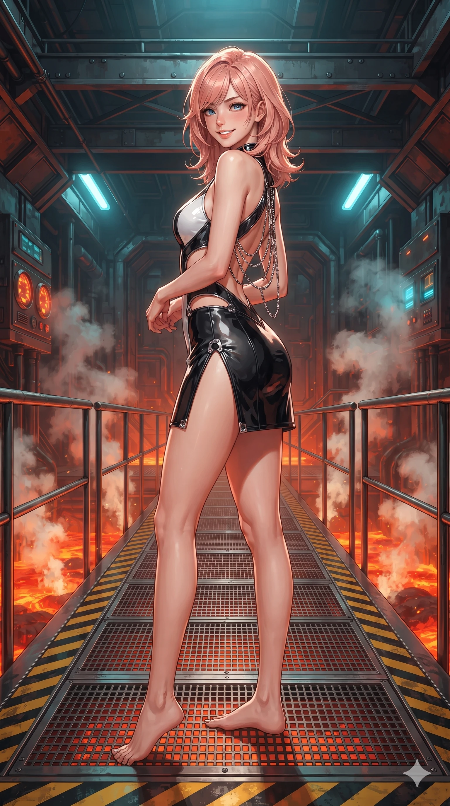 score_9, masterpiece, best quality, ultra-detailed, high-budget anime keyframe, editorial fashion photography, tasteful artistic composition, Japanese woman. low angle full-body shot from head to toe showing her feet, filling the entire 9:16 vertical frame with her statuesque presence, stretching her vertical silhouette. posing in a classic haute-couture S-curve stance beside the panoramic viewport, looking over a bare shoulder with magnetic presence while standing poised on the reinforced titanium grating catwalk overlooking subterranean magma conduits, arching her lower back with sovereign supermodel grace while geothermal steam vents hiss in dynamic bursts. The surrounding environment is rendered in vivid detail and crisp panoramic clarity: sharp floor warning stripes, heavy titanium gantry rivets, and glowing plasma pressure gauges in deep focus. She has an absolutely perfect, statuesque 8.5-heads proportion, an exceptionally tall and slender model-like female figure with impossibly long slender legs, an ultra-slim waist, a flat toned midriff, narrow delicate ribcage, and beautifully sculpted feminine hips creating a graceful, slim hourglass silhouette without any bulky heaviness. sharp v-shaped jawline, high-bridge nose, intricate jewel-like sparkling eyes with depth, thick eyelashes, glossy parted lips with a natural sheen, bright confident smile with an enchanting and coquettish sensual glint, exuding both youthful magnetic charm and sovereign high-tech allure, flawlessly proportioned anatomical accuracy, strict slender model proportions, natural body alignment, perfectly sculpted long slender limbs, ultra-slim waistline, clean dynamic posture without body distortion. wearing a provocative open-waist cutout tactical mini dress framed by sculptural chrome hardware and thigh-high slit in dual-tone high-contrast monochrome black and stark white, tailored from ultra-reflective glossy liquid vinyl with mirror-like specular highlights, accented with an open-back drape framed by falling strands of delicate chrome chains, the high-slit tactical tailoring accentuating her ultra-slim waistline and the enchanting curve of her feminine hips with alluring seductive charm. bathed in the intense warm 2200K furnace glow of subterranean plasma conduits mixed with cool cyan emergency strip lights. ultra-reflective glossy finish, specular highlights, rich textural contrasts, high-contrast stereoscopic depth, volumetric dynamic lighting, 2k, ultra detail, master piece, 9:16 ratio